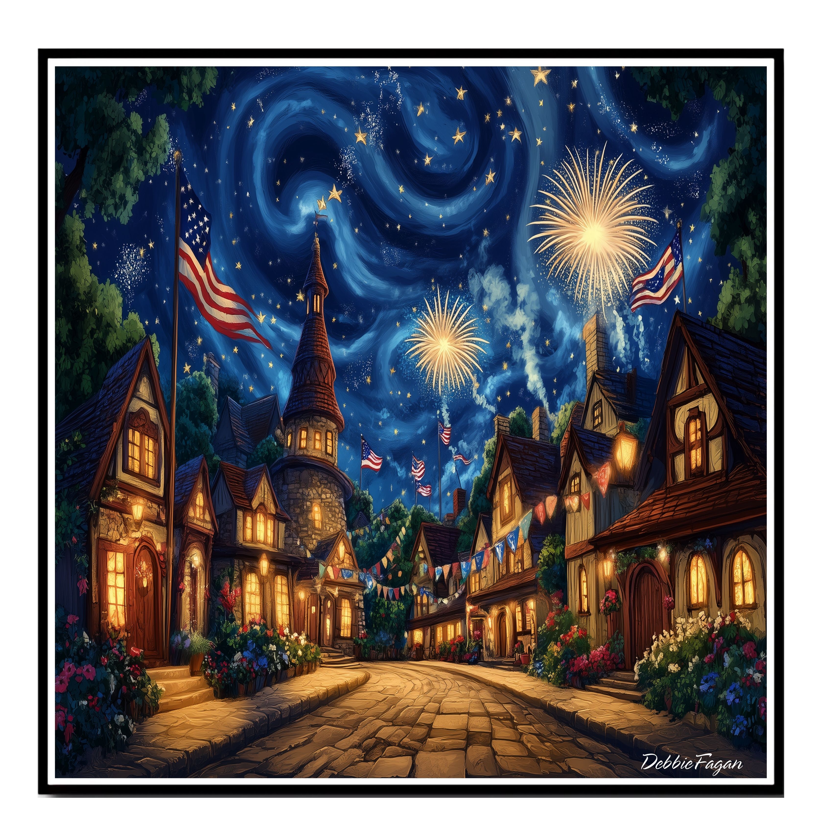4th of July Decorated Village Fireworks Flat Rolled, Framed or Wrapped Canvas