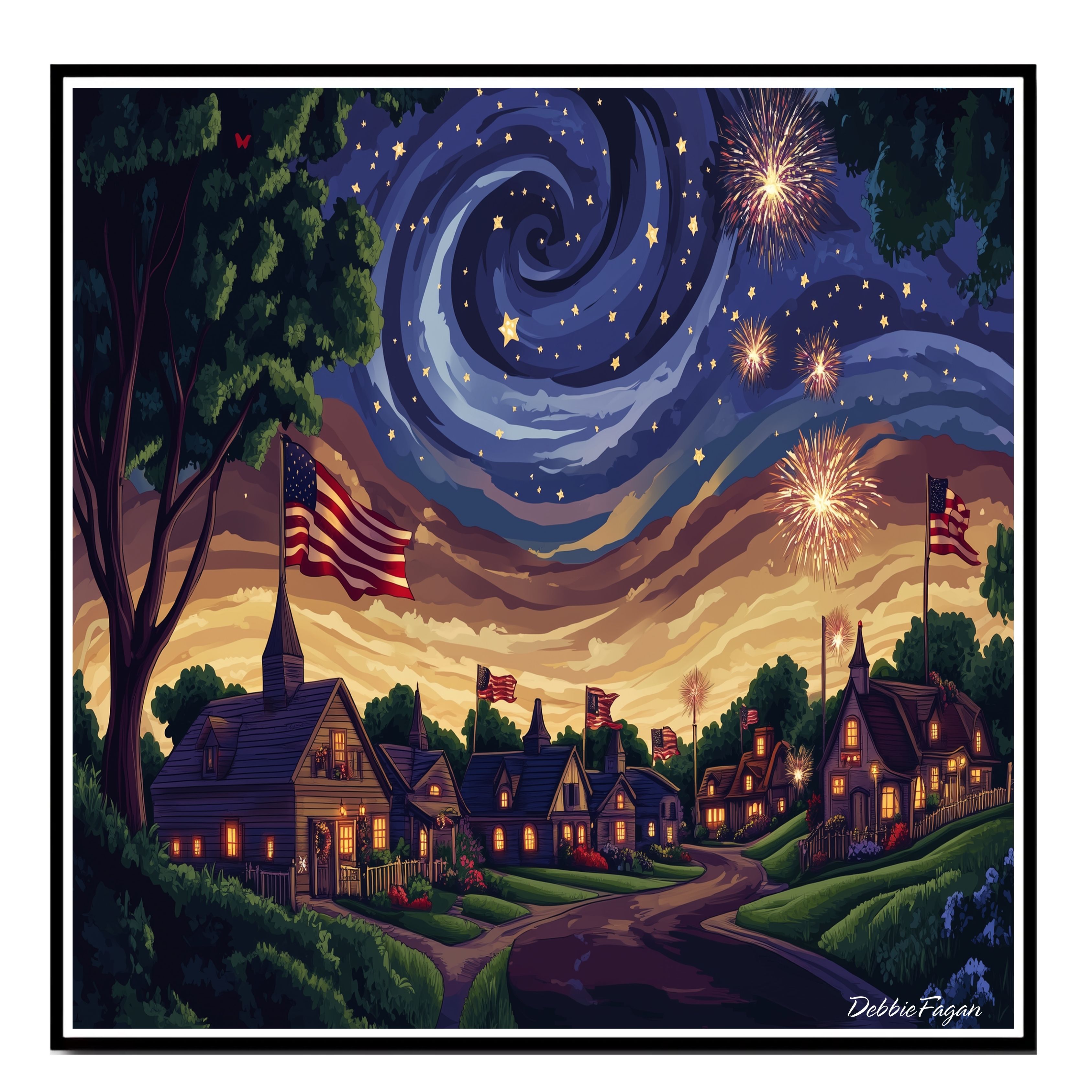 4th of July Decorated Village Fireworks Flat Rolled, Framed or Wrapped Canvas