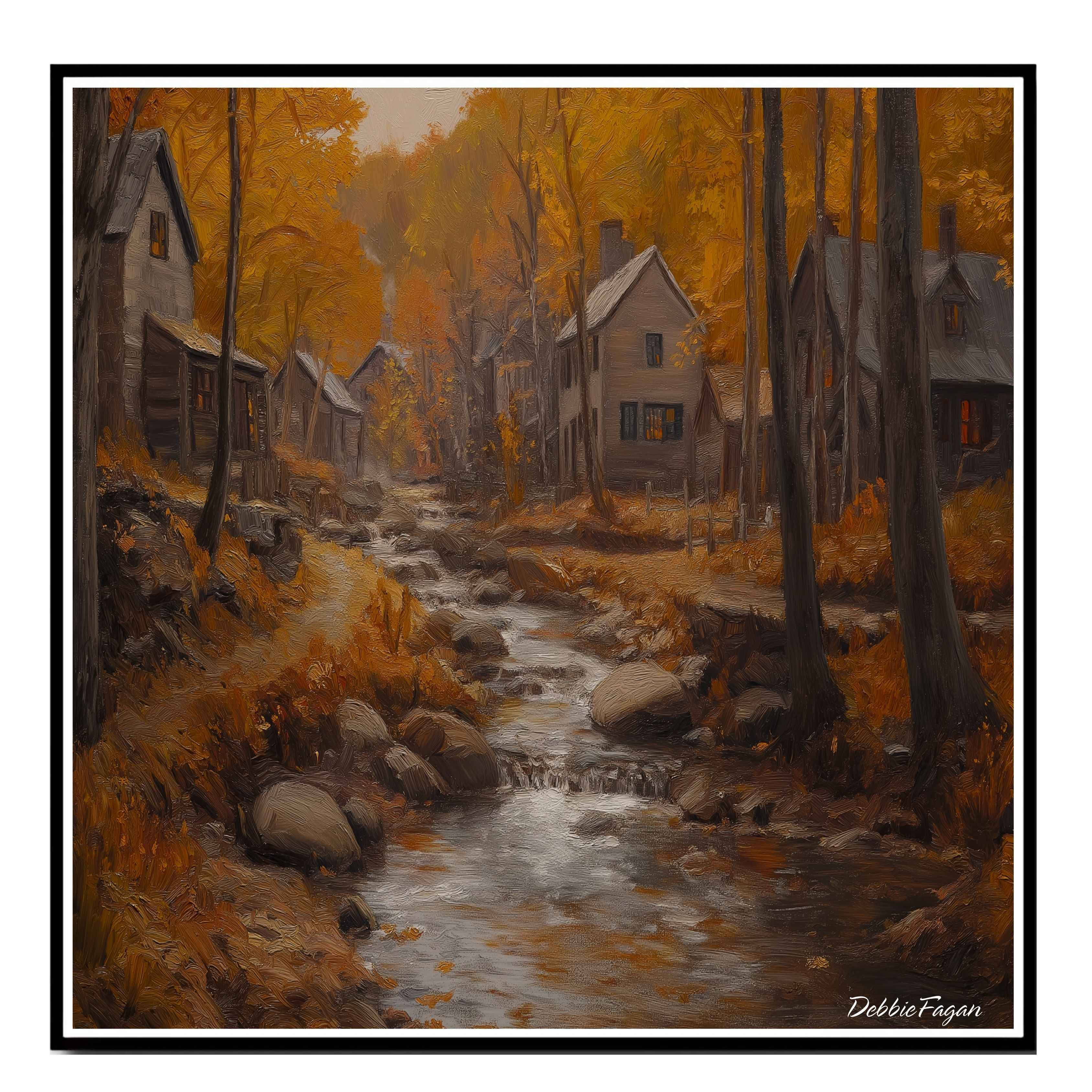 Autumnal Stream Running Thorugh a Village Flat Rolled, Framed or Wrapped Canvas