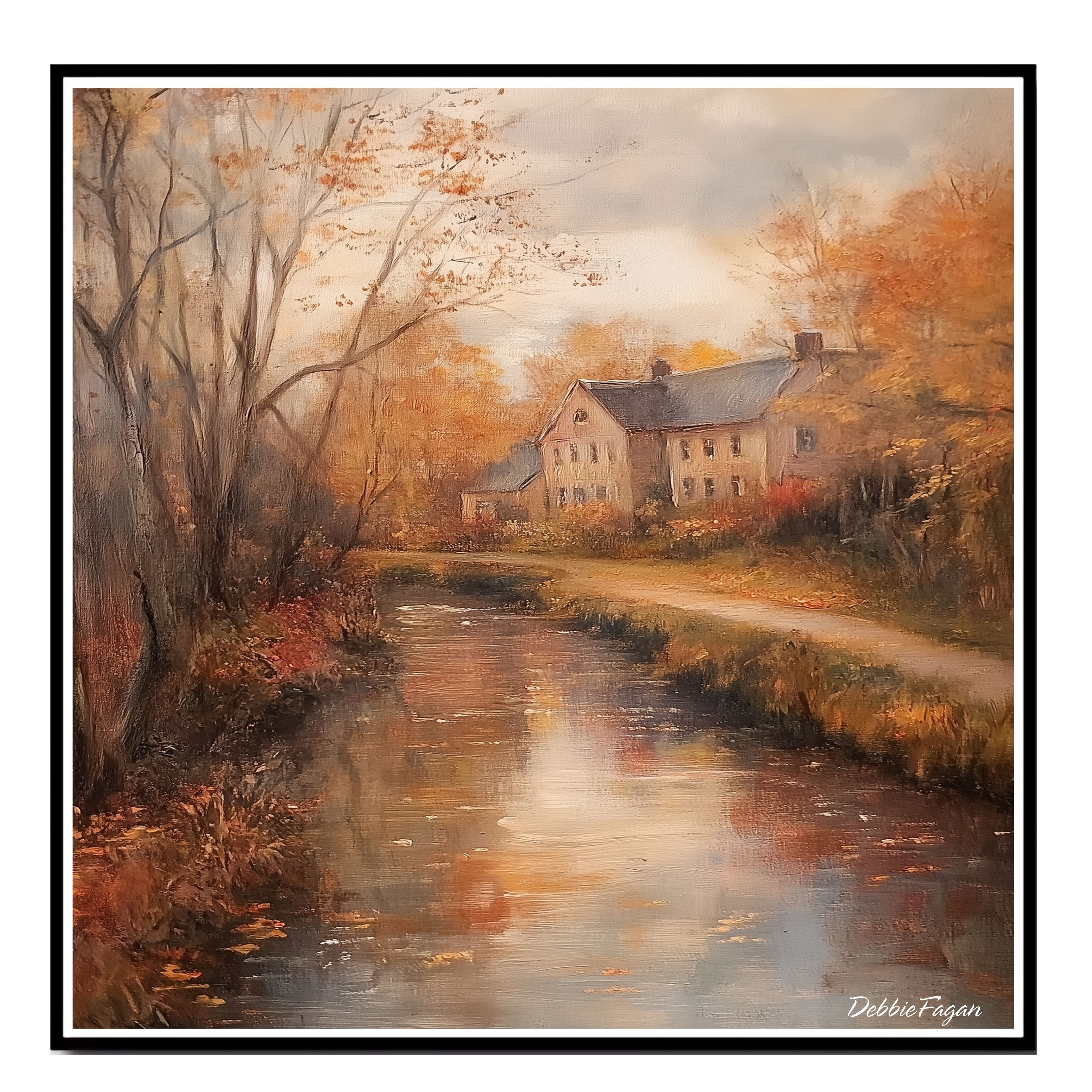 Autumnal Stream Running Thorugh a Village Flat Rolled, Framed or Wrapped Canvas