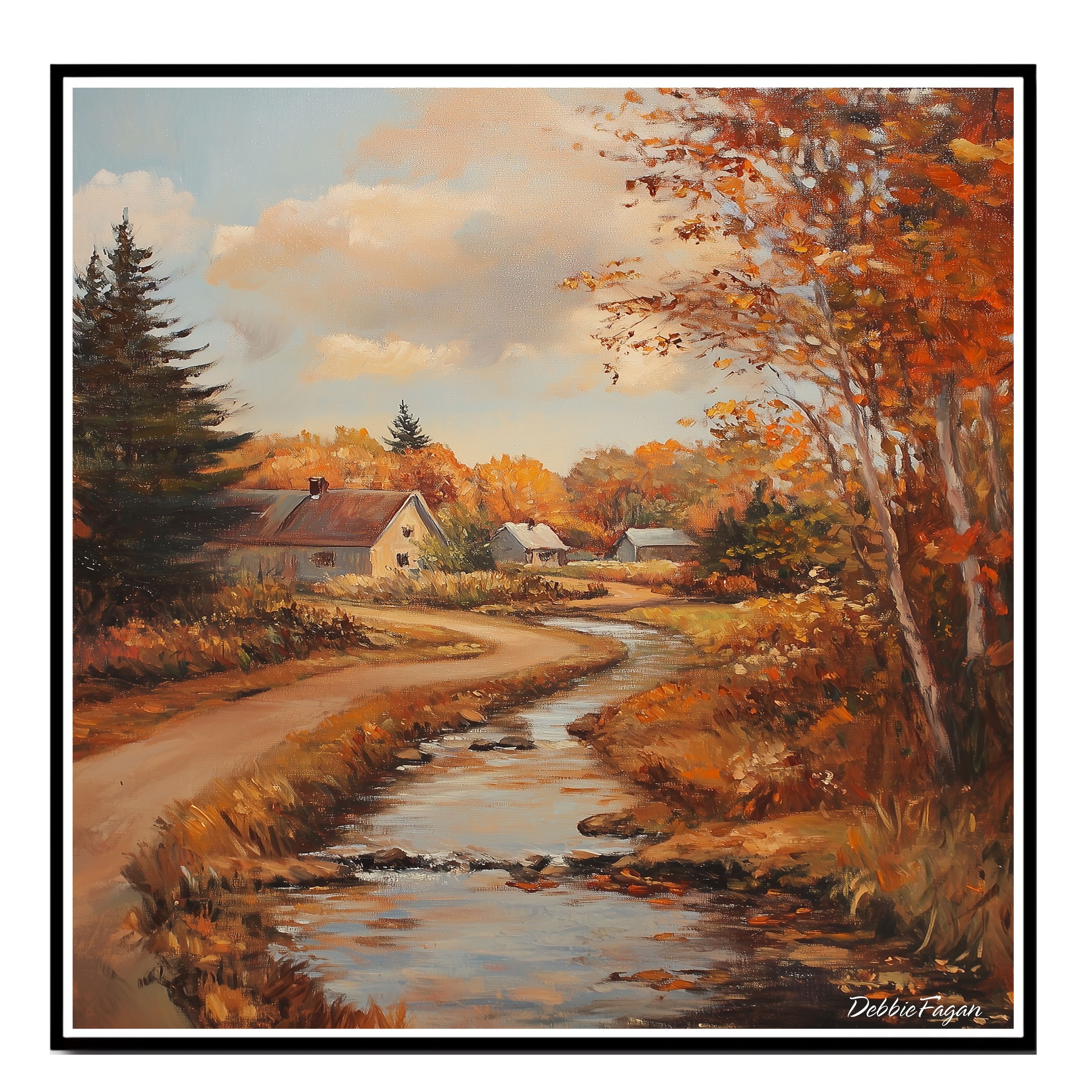 Autumnal Stream Running Thorugh a Village Flat Rolled, Framed or Wrapped Canvas