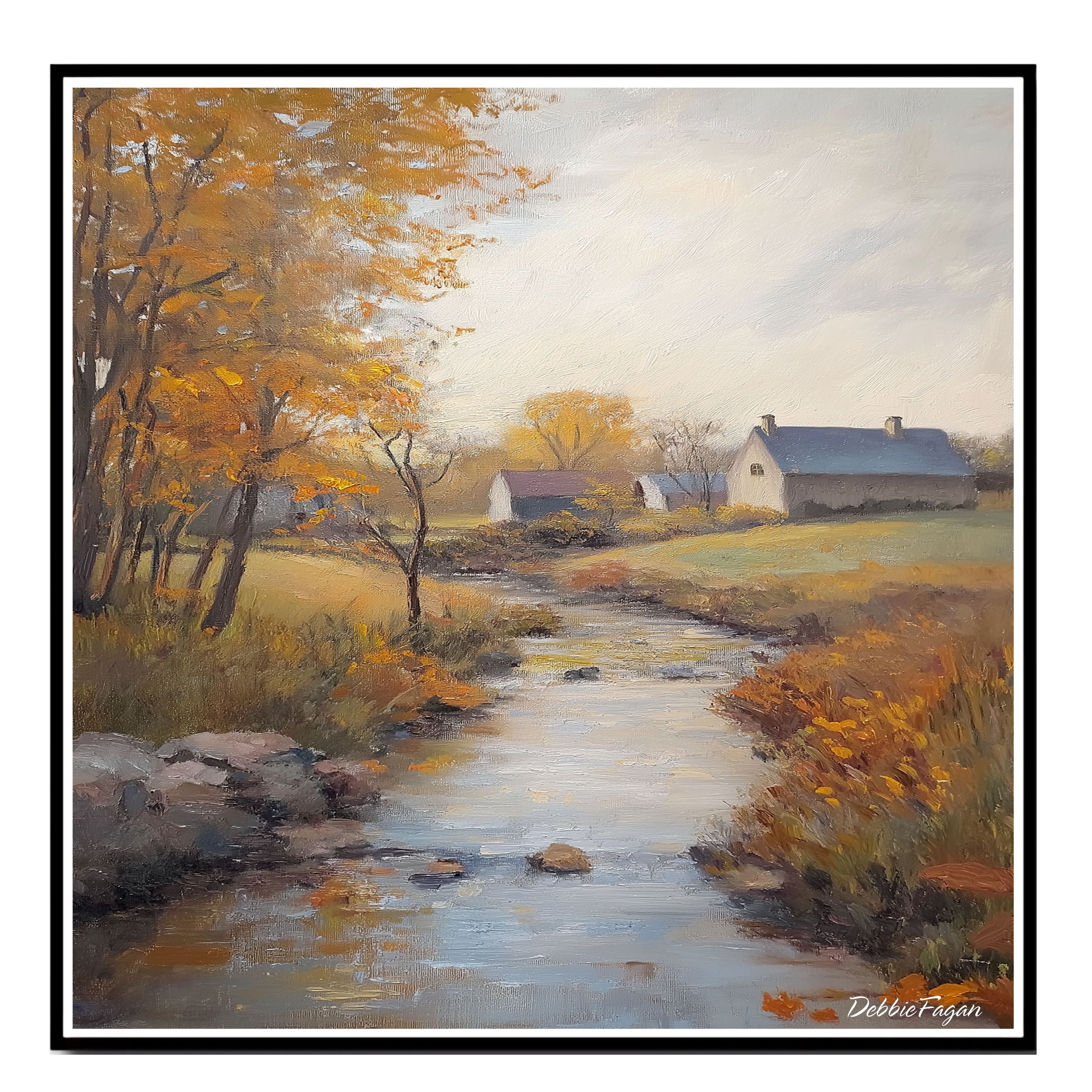 Autumnal Stream Running Thorugh a Village Flat Rolled, Framed or Wrapped Canvas