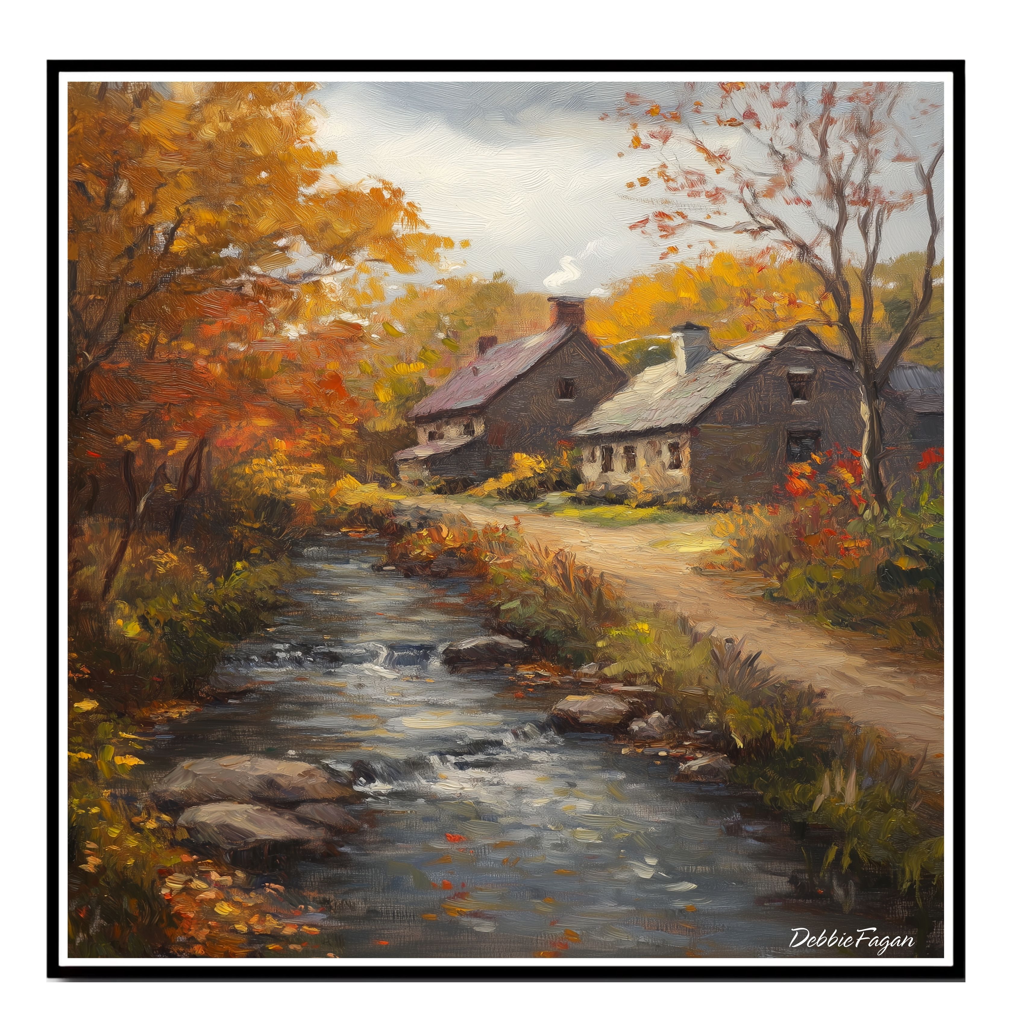Autumnal Stream Running Thorugh a Village Flat Rolled, Framed or Wrapped Canvas