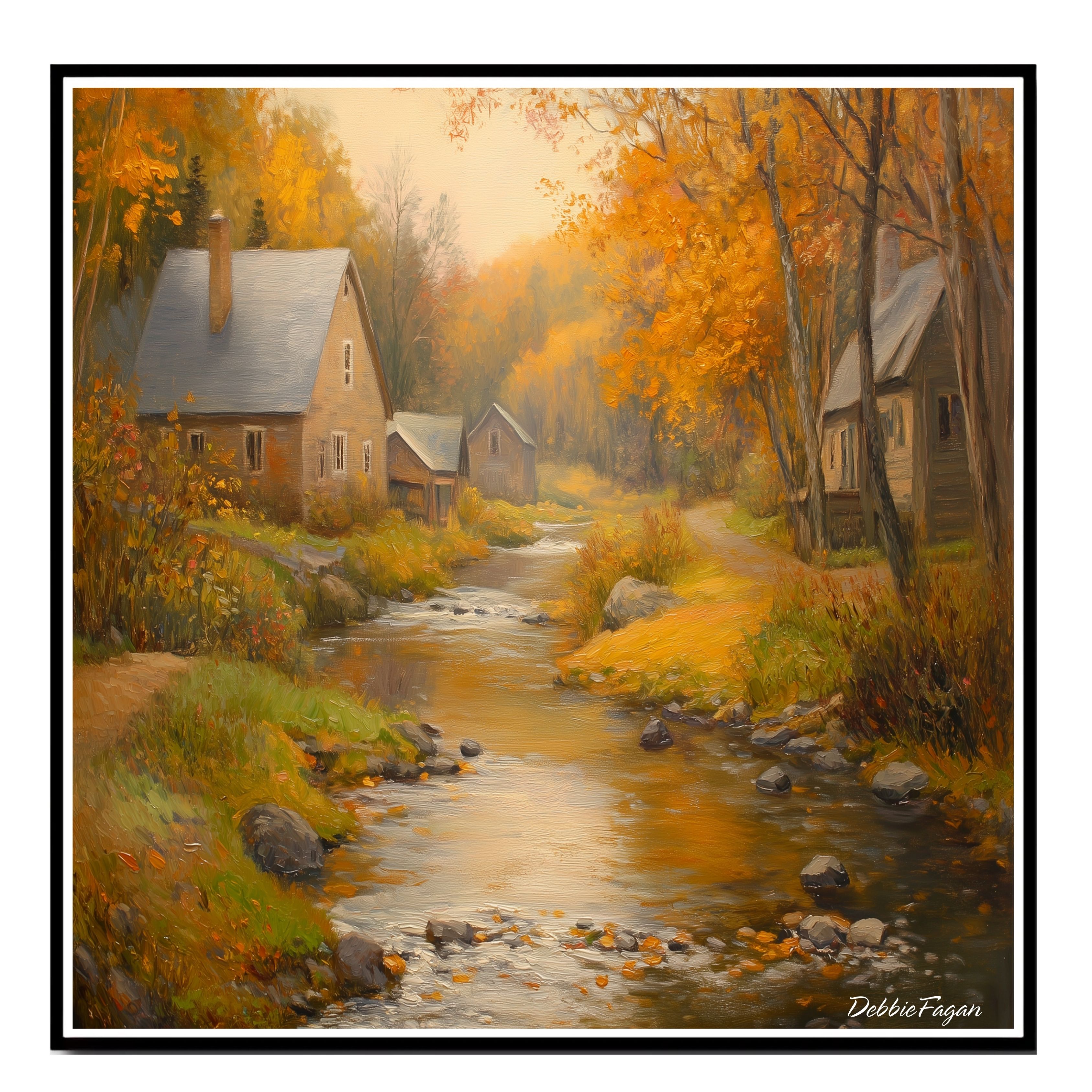 Autumnal Stream Running Thorugh a Village Flat Rolled, Framed or Wrapped Canvas - Picture 15 of 19