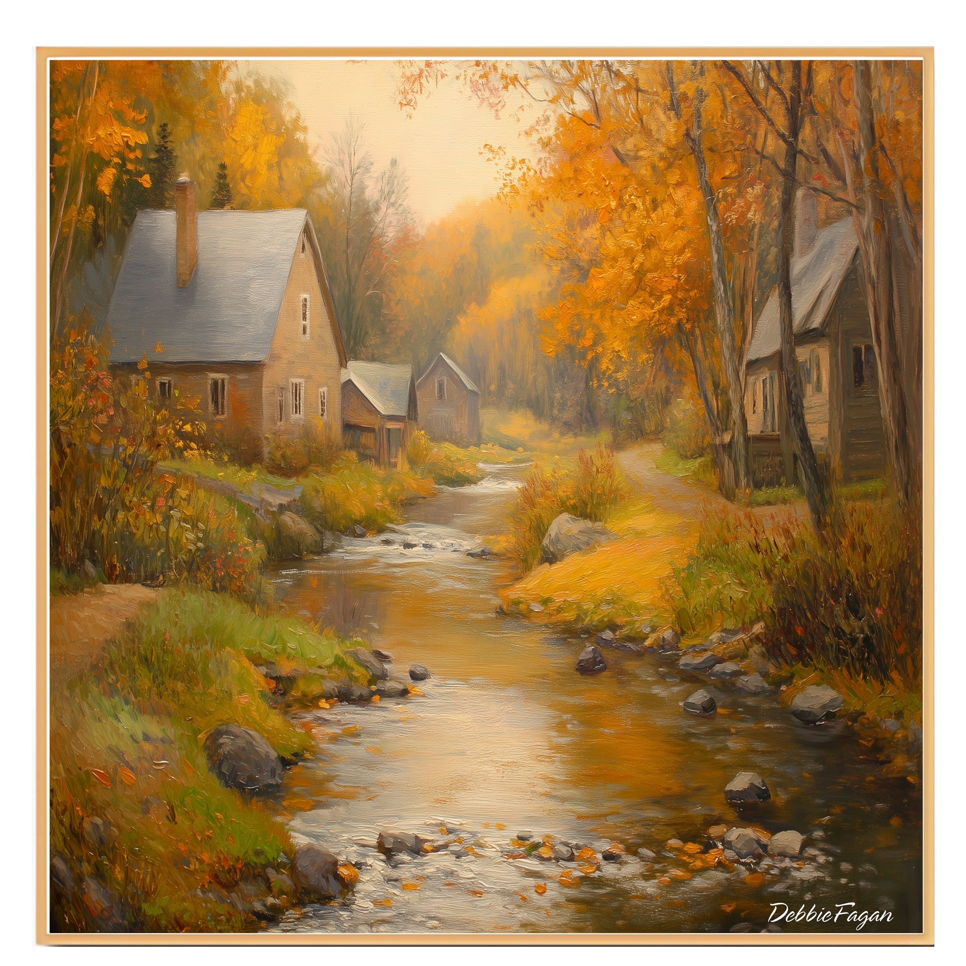 Autumnal Stream Running Thorugh a Village Flat Rolled, Framed or Wrapped Canvas - Picture 17 of 19