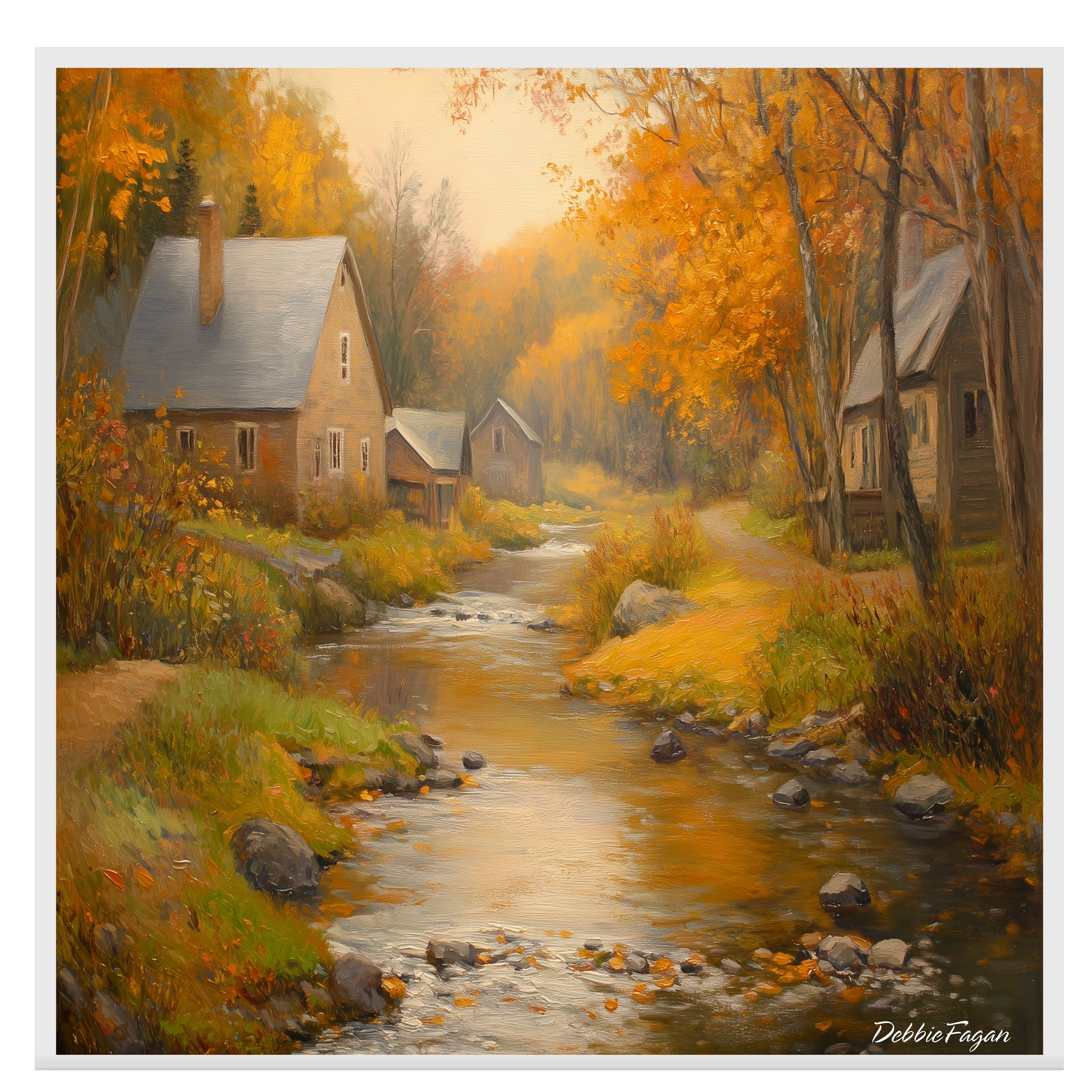 Autumnal Stream Running Thorugh a Village Flat Rolled, Framed or Wrapped Canvas - Picture 16 of 19