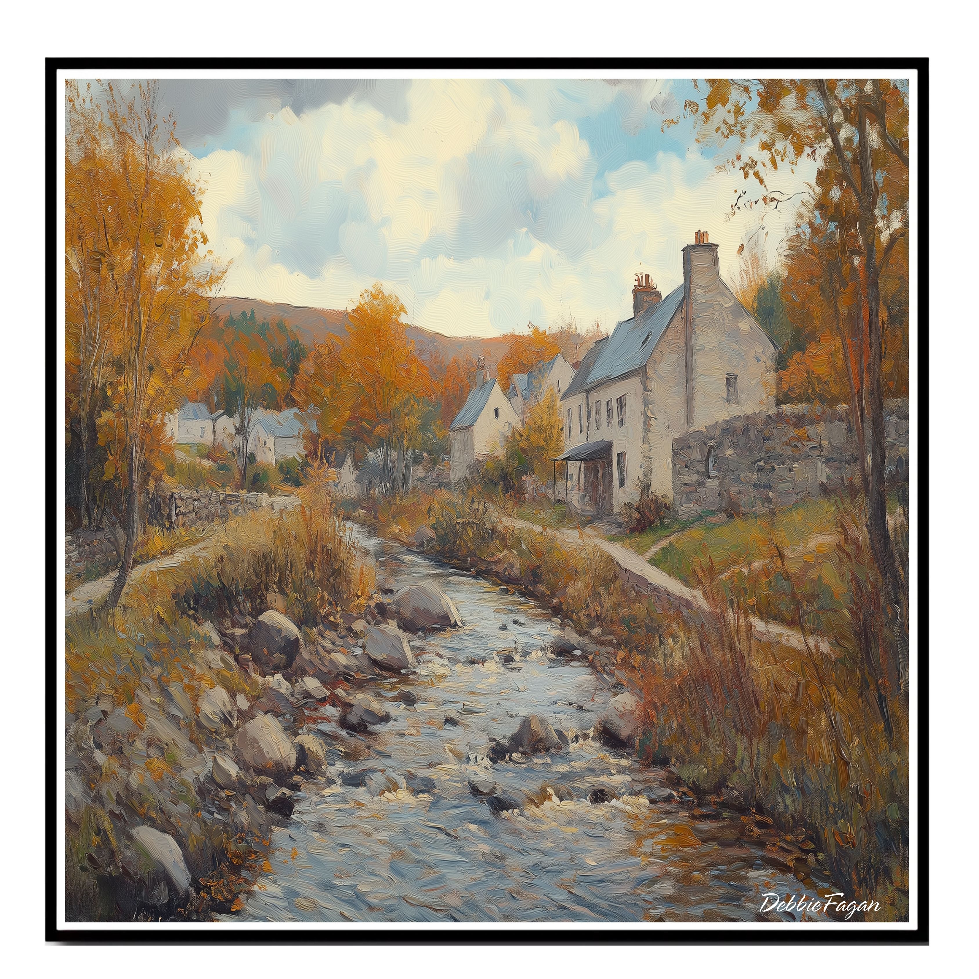 Autumnal Stream Running Thorugh a Village Flat Rolled, Framed or Wrapped Canvas