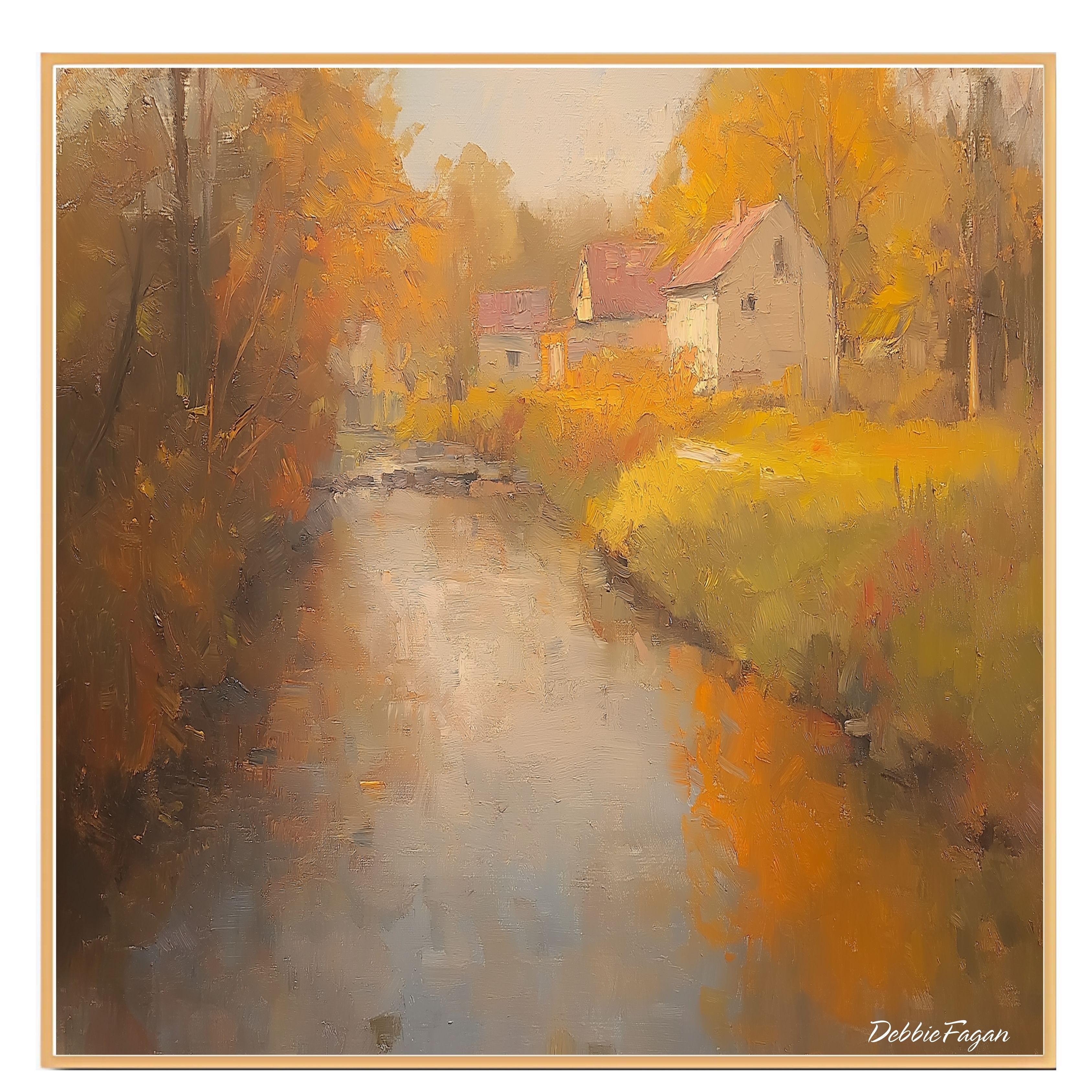 Herbstlicher Bach läuft durch ein Dorf flach gerollt, gerahmt oder gewickelt Leinwand - Bild 17 von 19