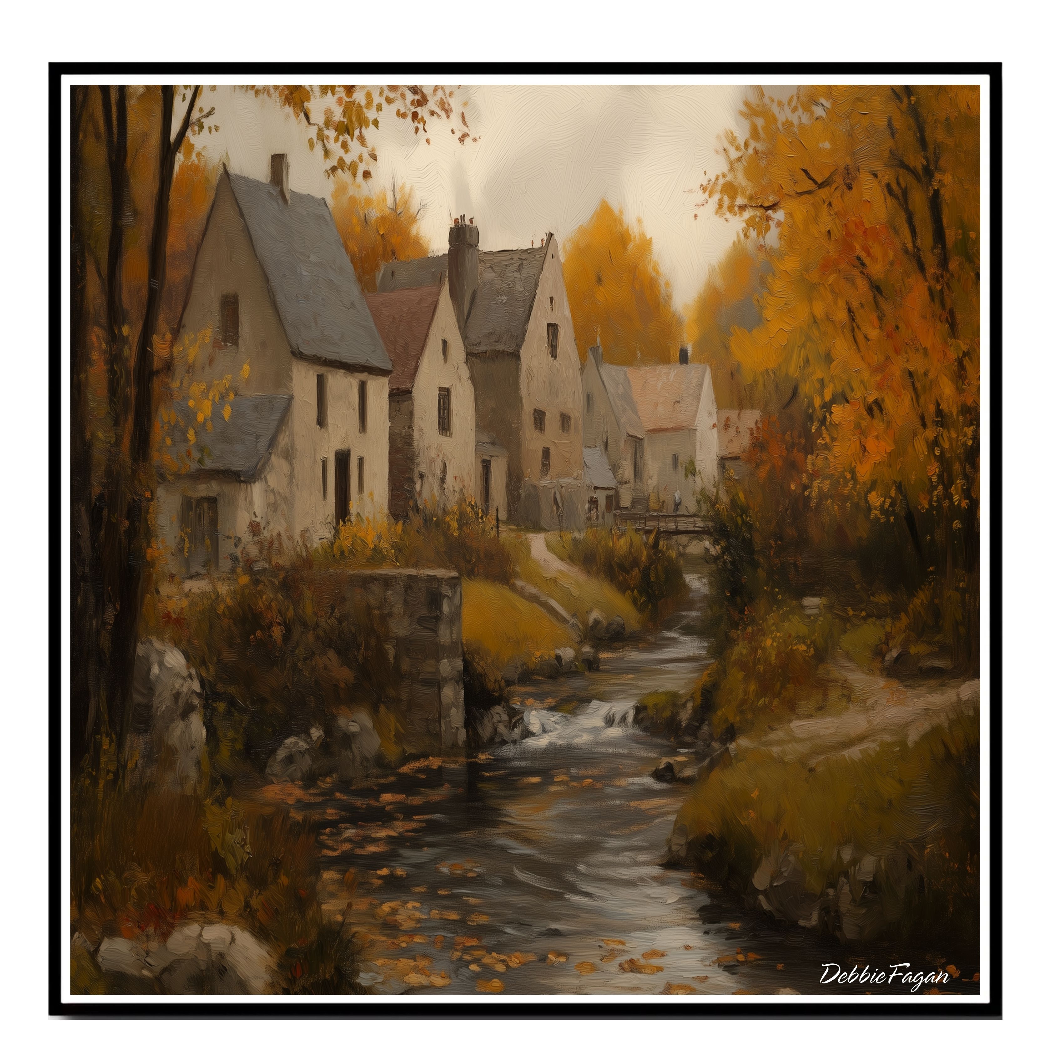 Autumnal Stream Running Thorugh a Village Flat Rolled, Framed or Wrapped Canvas