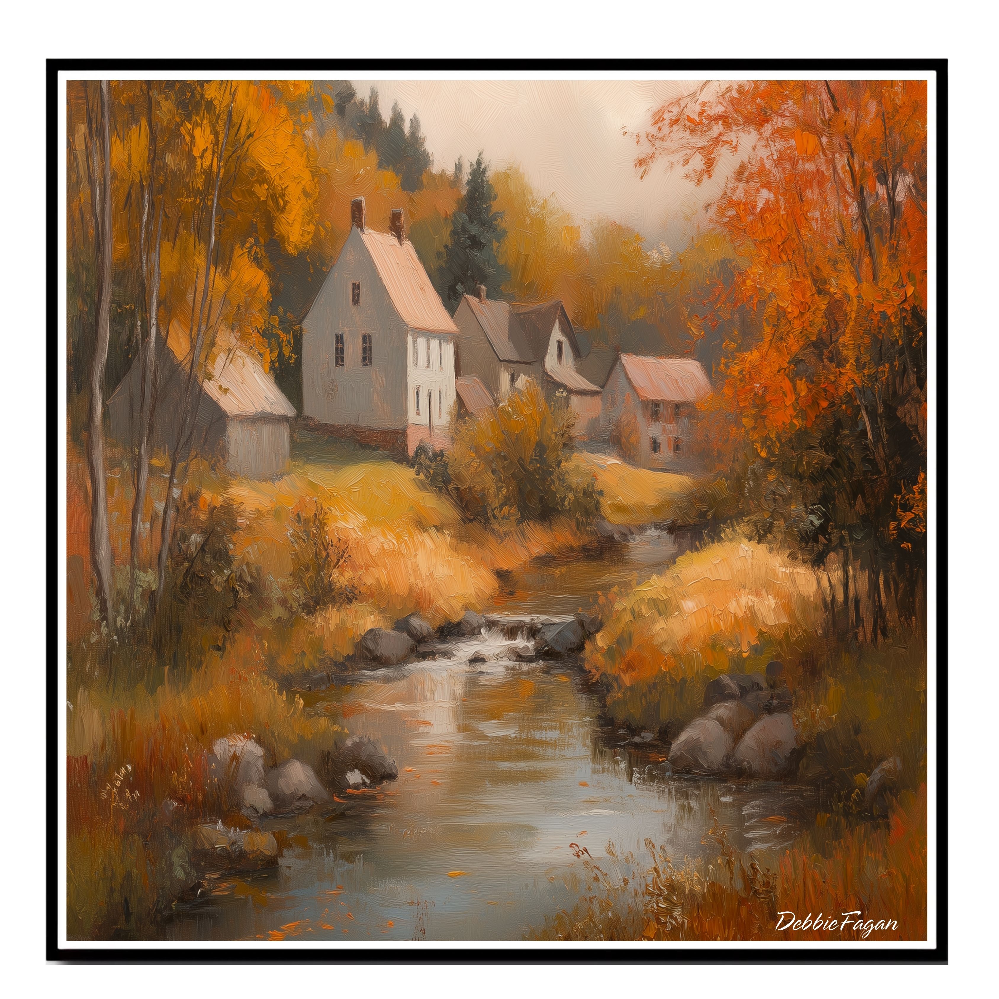 Autumnal Stream Running Thorugh a Village Flat Rolled, Framed or Wrapped Canvas