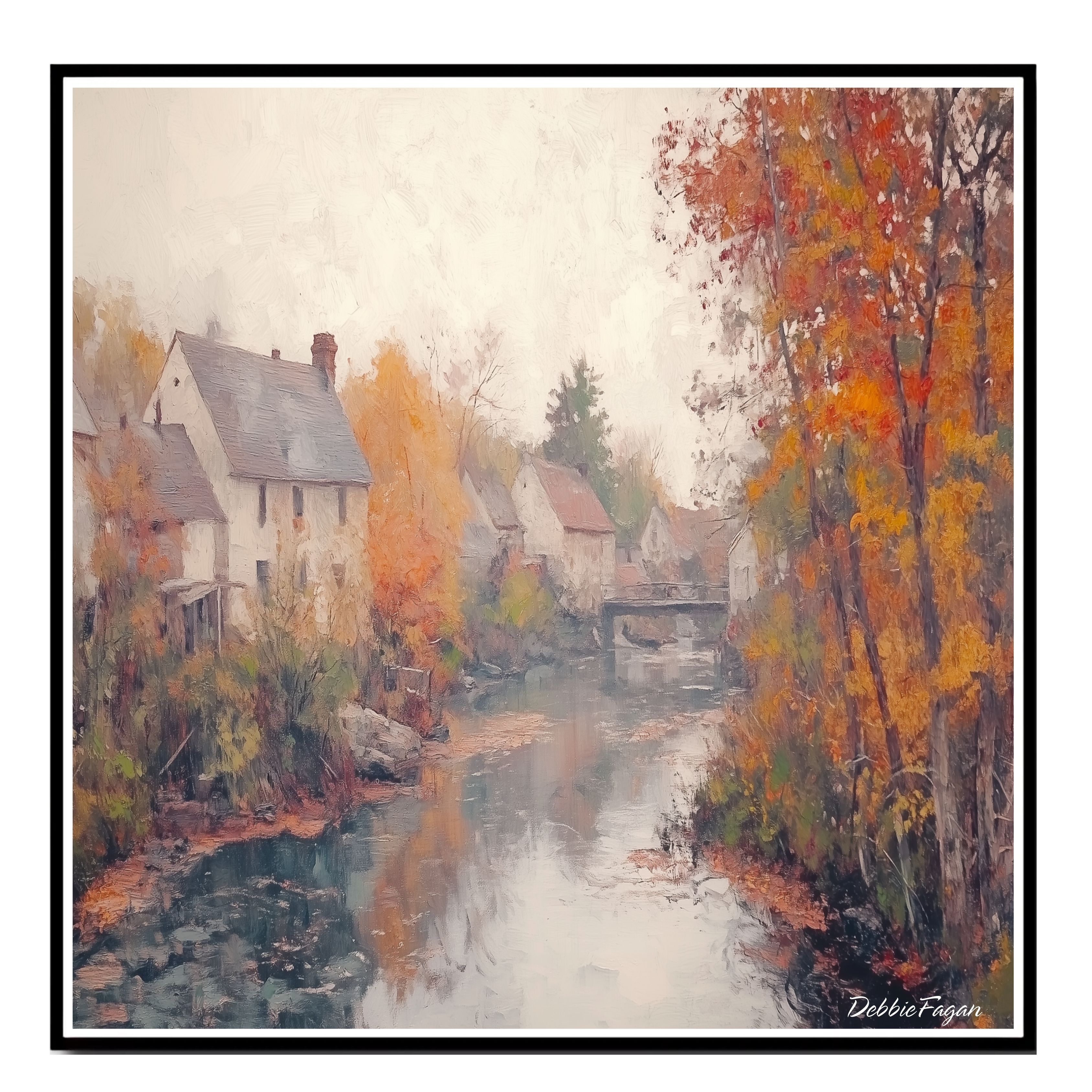 Autumnal Stream Running Thorugh a Village Flat Rolled, Framed or Wrapped Canvas