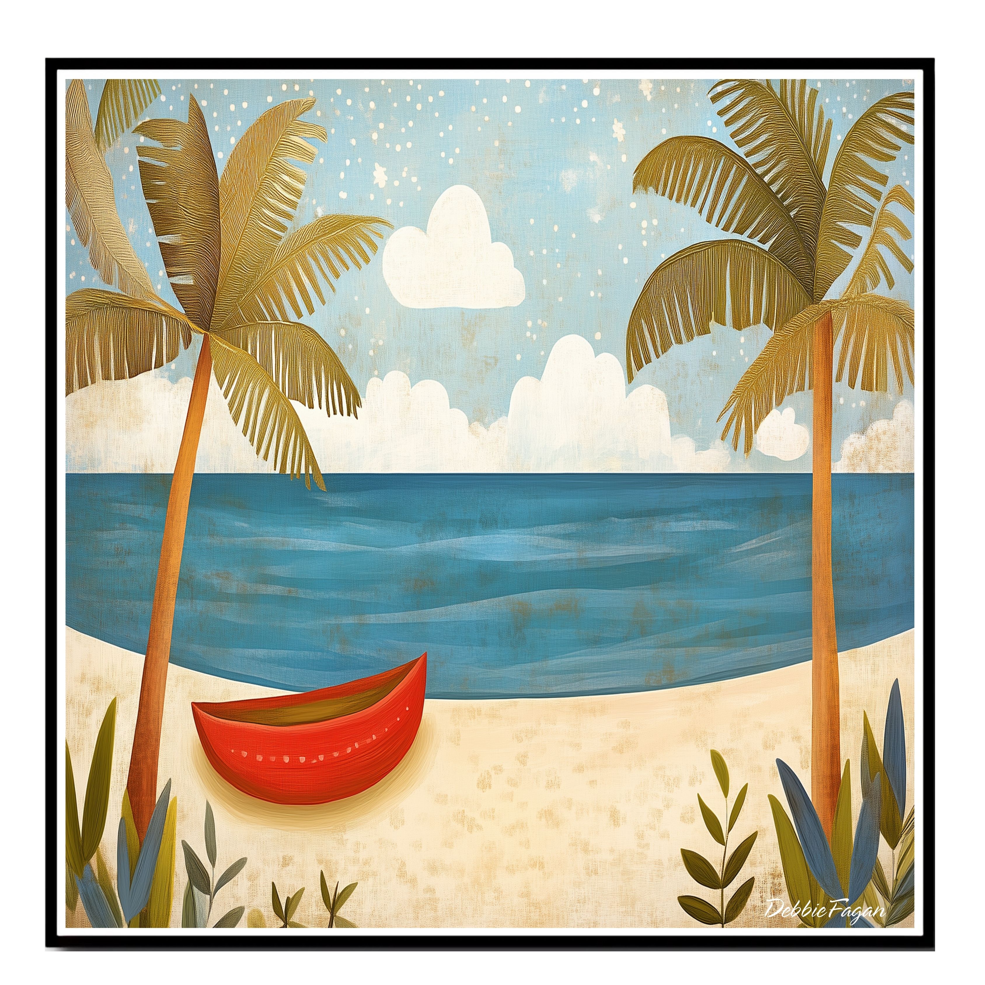 Beach Folk Art Wall Art Print Flat Rolled, Framed or Wrapped Canvas