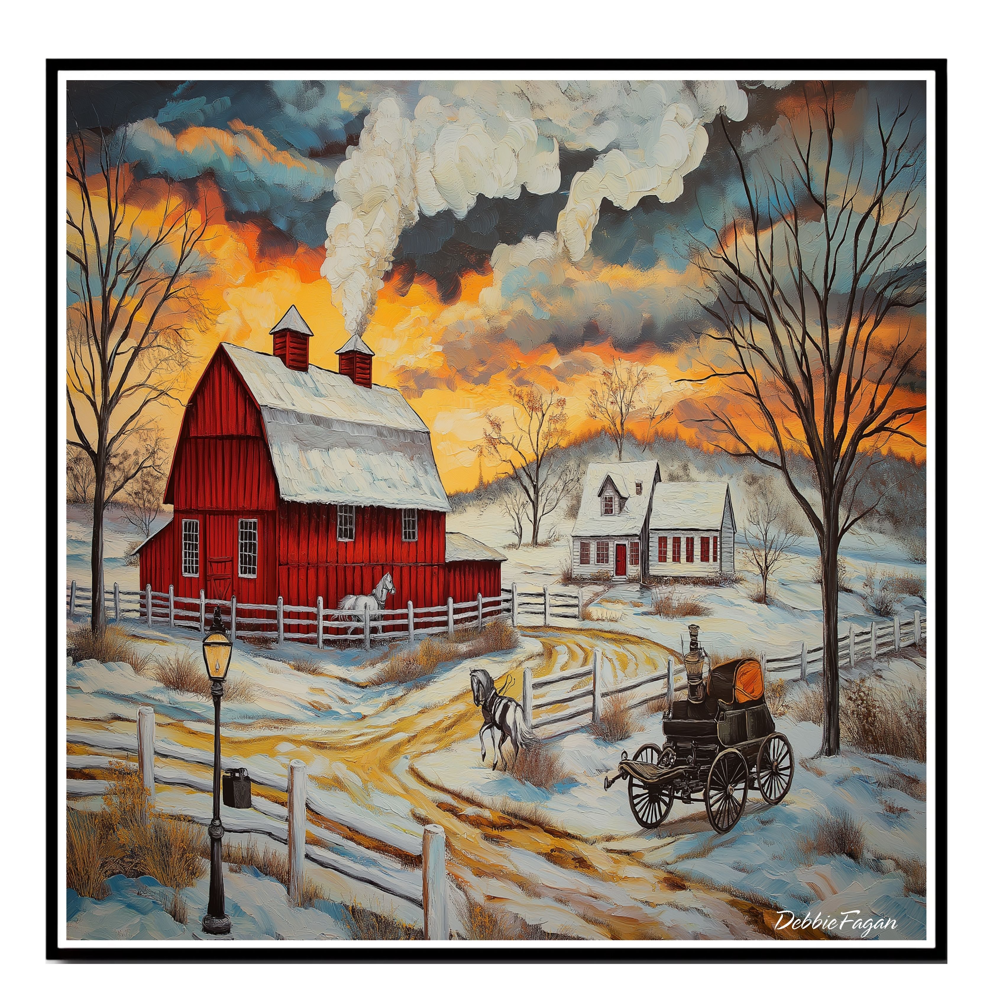 Beautiful Art of Red Barn with White House Flat Rolled, Framed or Wrapped Canvas