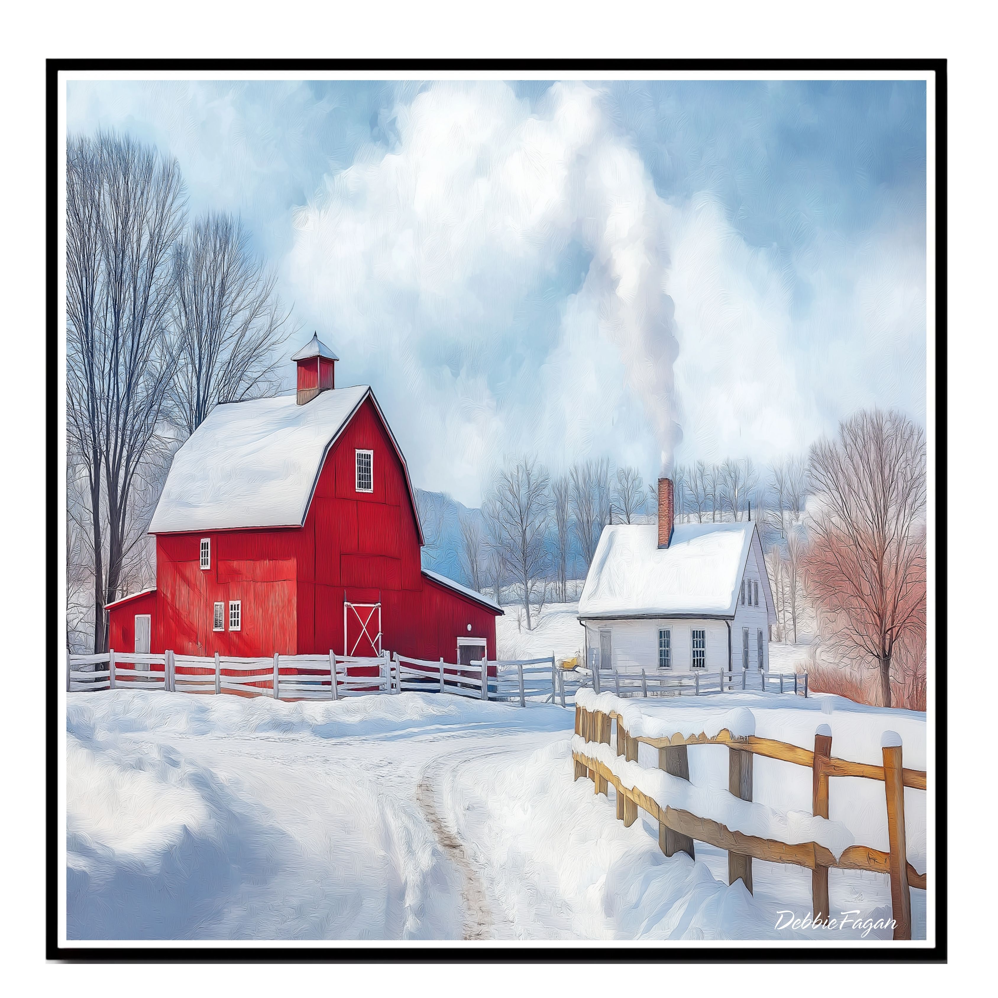 Beautiful Art of Red Barn with White House Flat Rolled, Framed or Wrapped Canvas