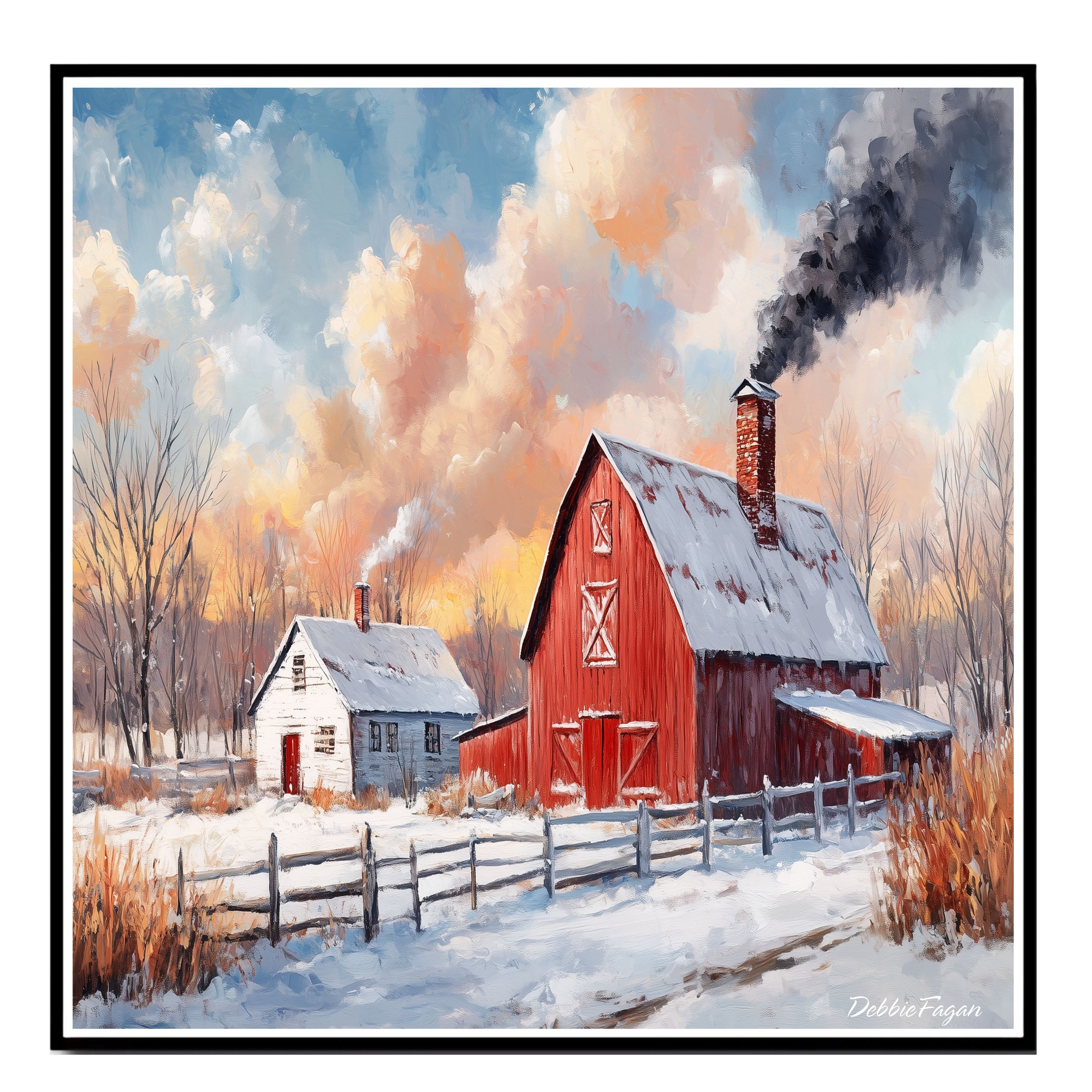 Beautiful Art of Red Barn with White House Flat Rolled, Framed or Wrapped Canvas