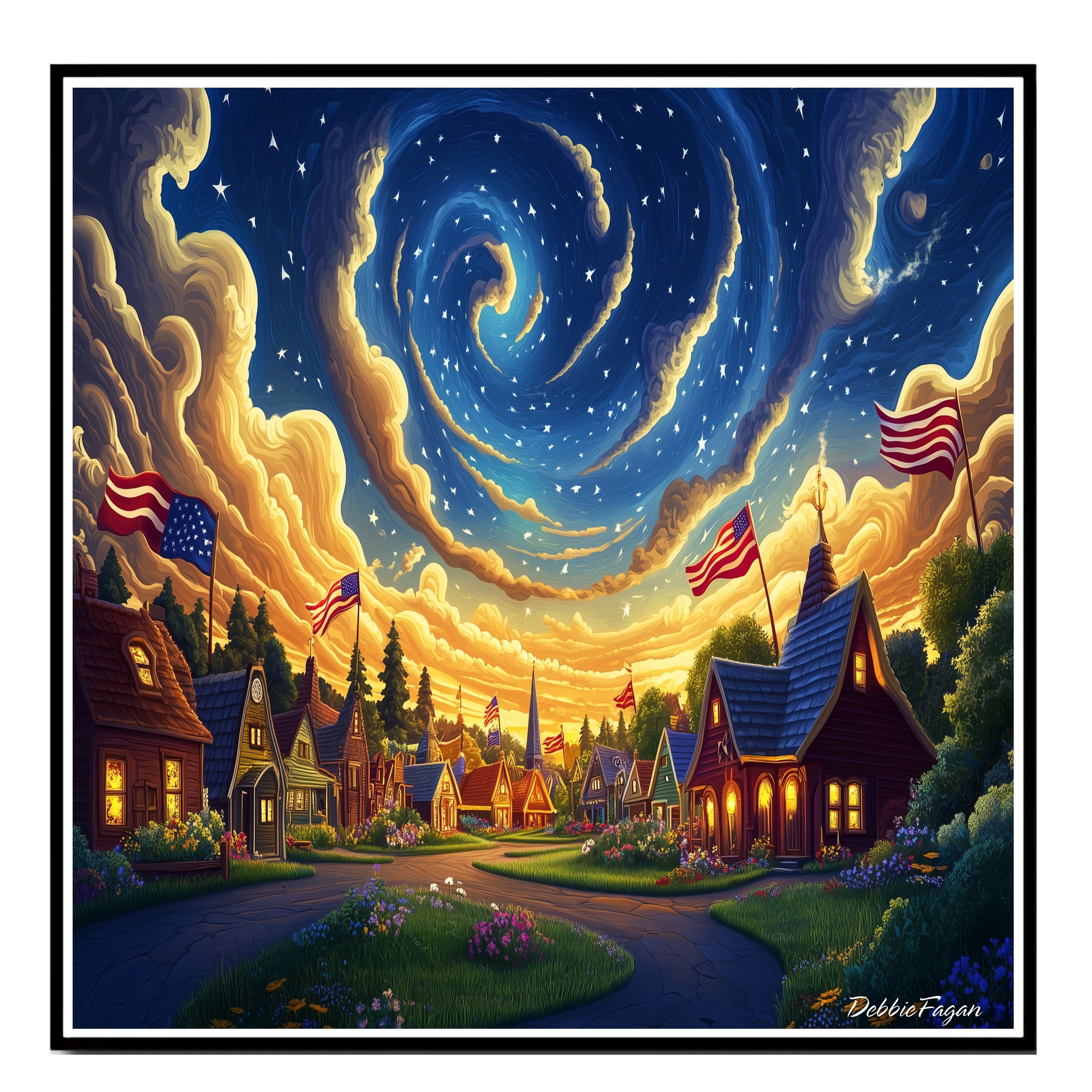 4th of July Swirly Sky Village Flat Rolled, Framed or Wrapped Canvas
