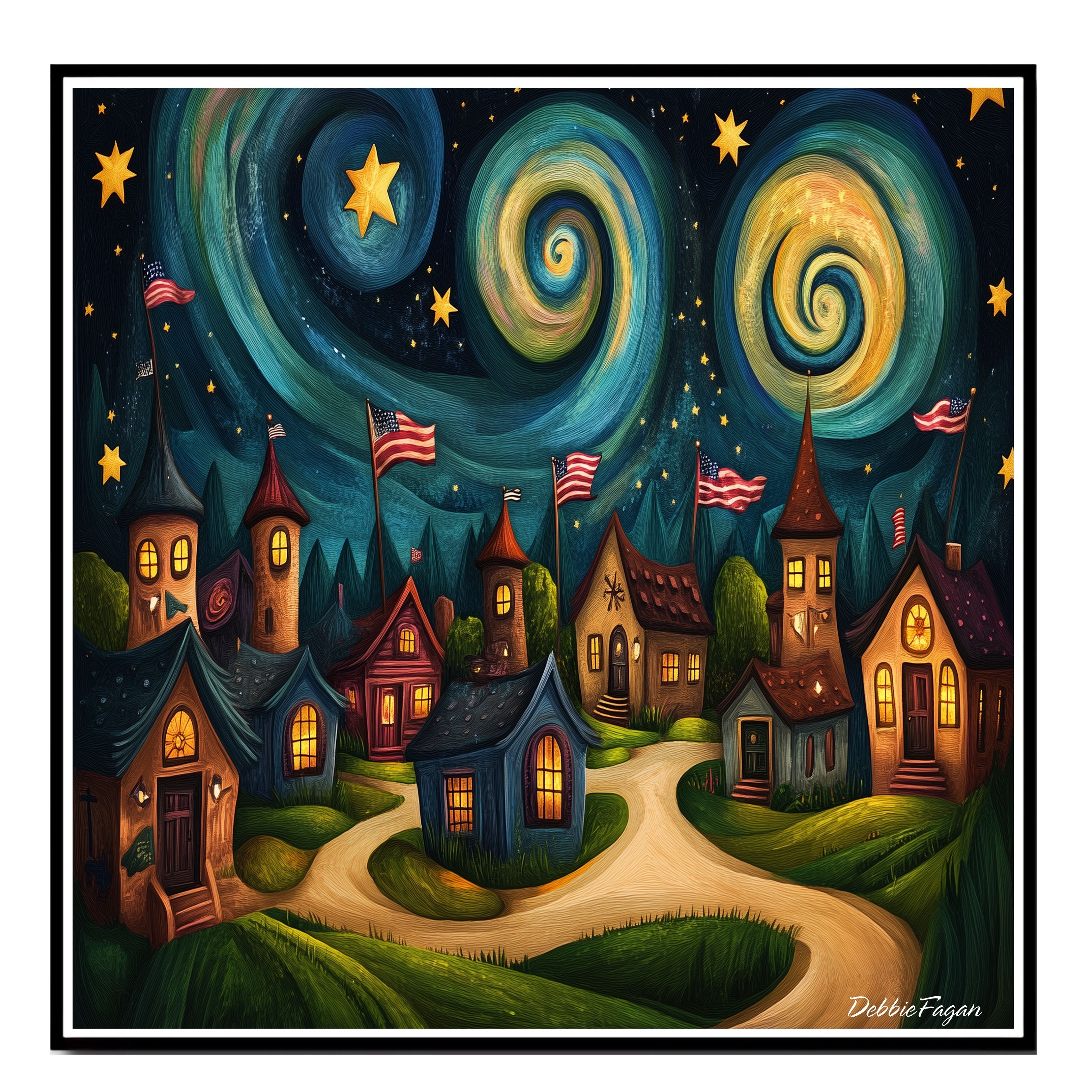 4th of July Village Flags Fireworks Flat Rolled, Framed or Wrapped Canvas