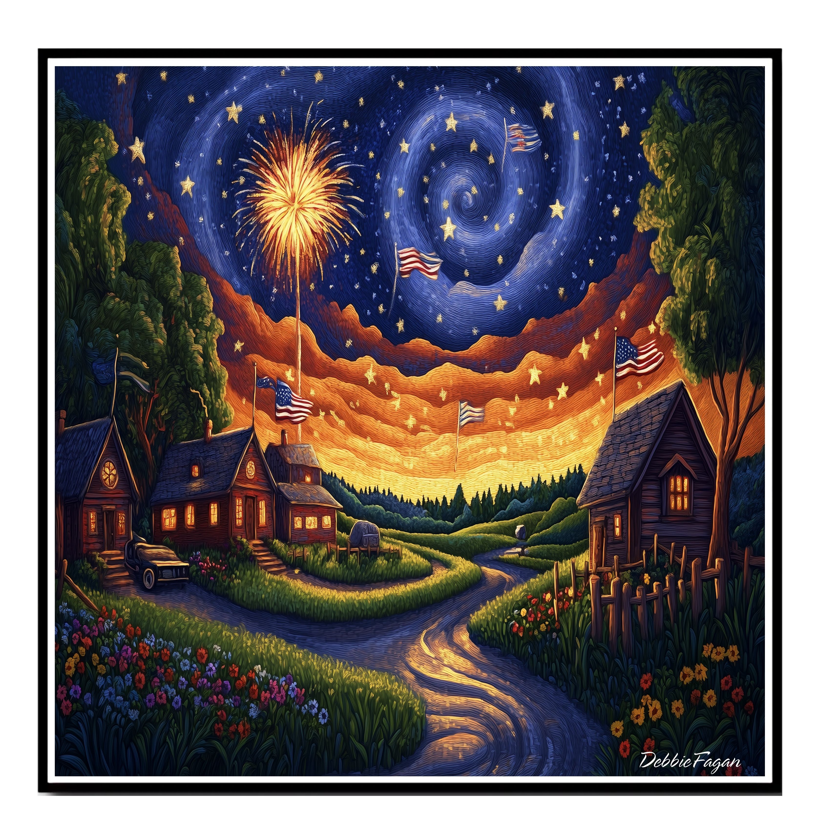 4th of July Village Flags Fireworks Flat Rolled, Framed or Wrapped Canvas