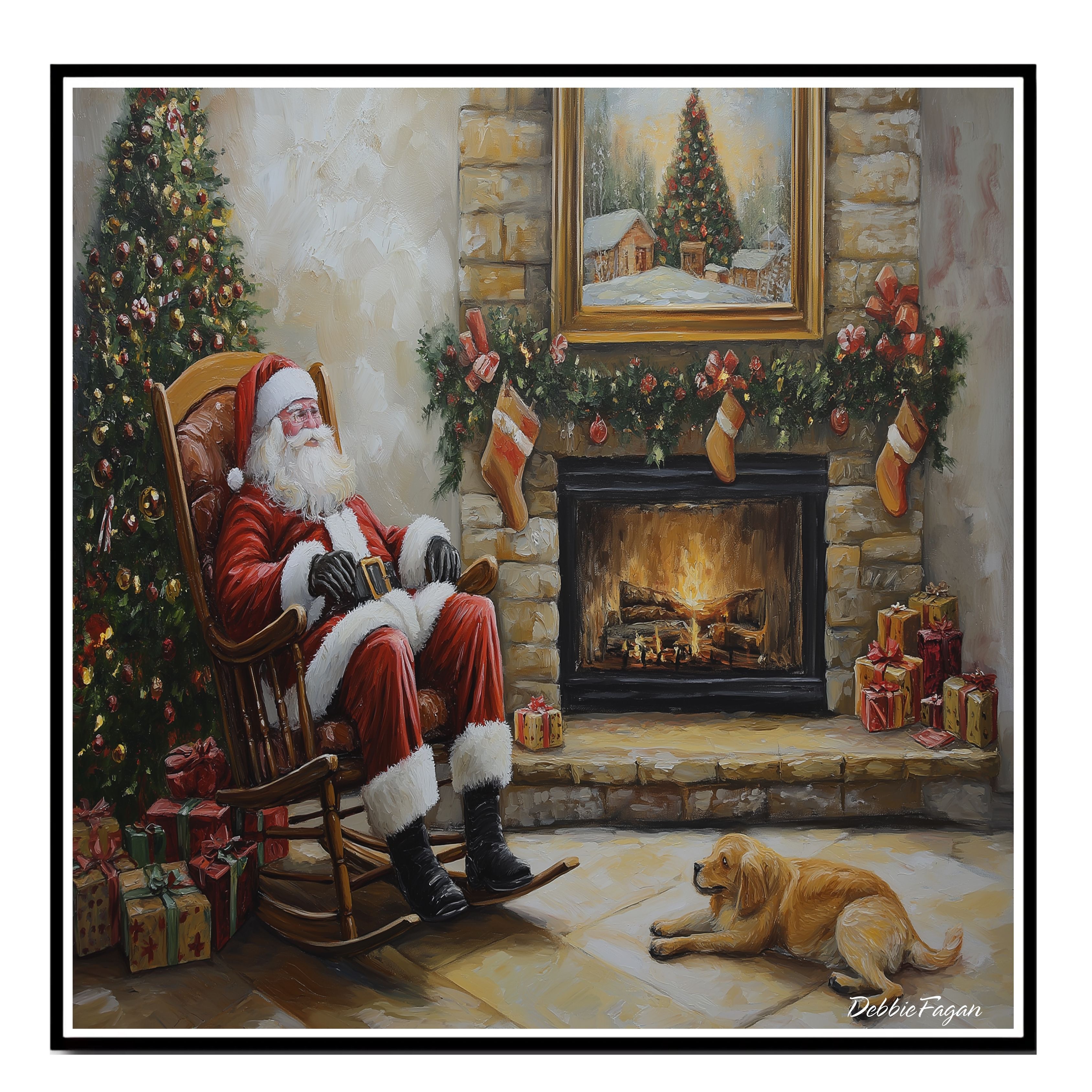 Christmas with Santa Dog Holiday Canvas Flat Rolled, Framed or Wrapped Canvas
