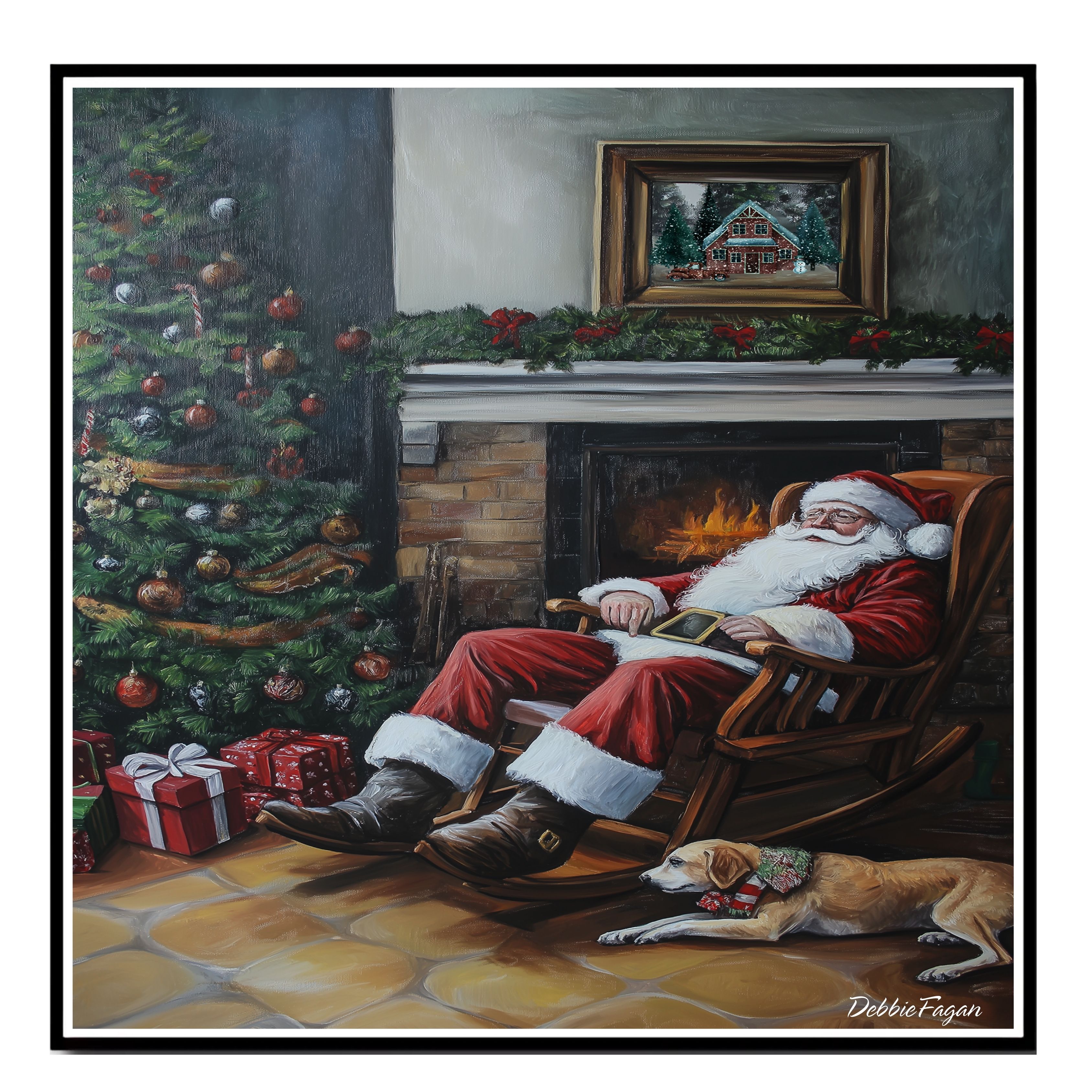 Christmas Painting of Santa by Fireplace Flat Rolled, Framed or Wrapped Canvas