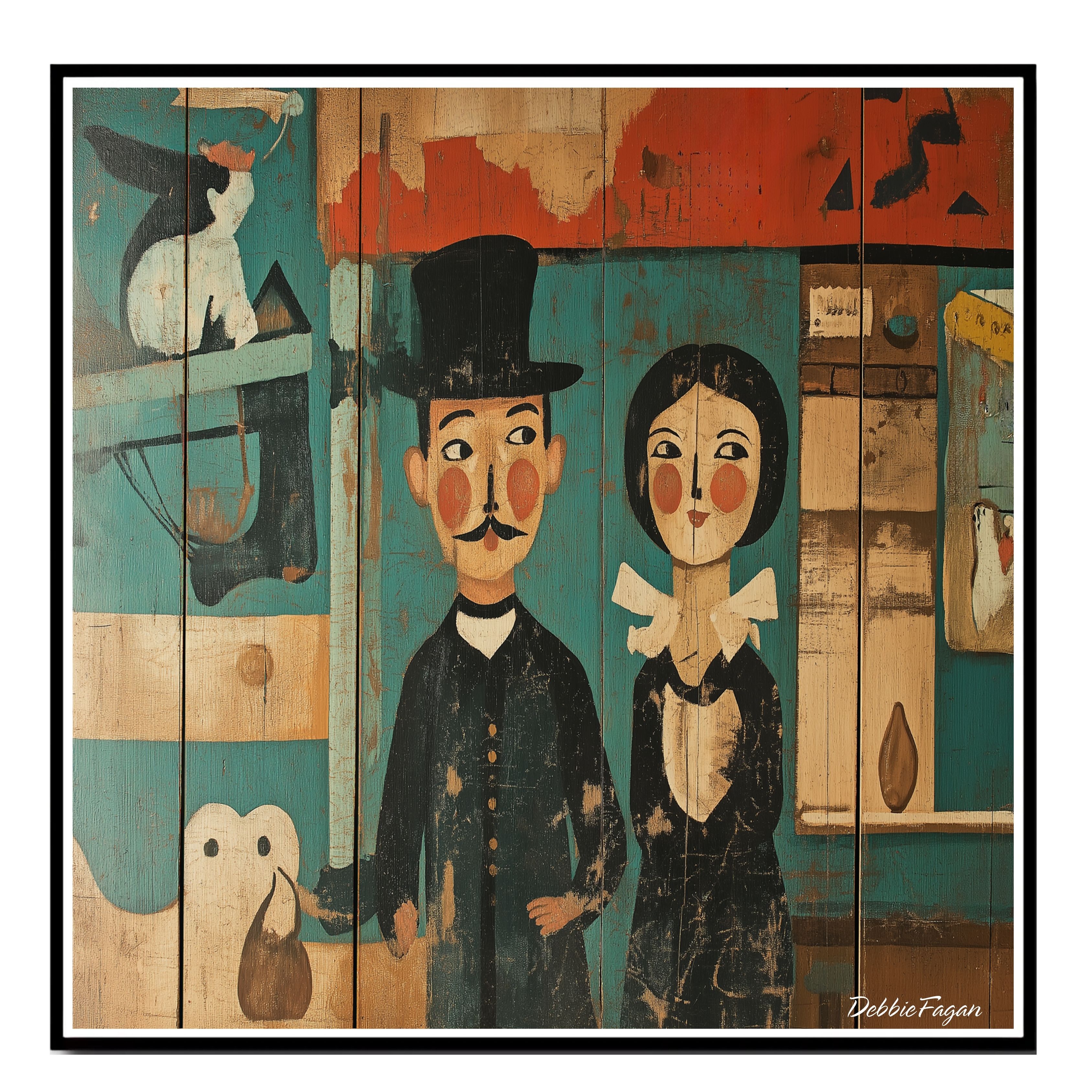 Folk Art Couple Vintage American Wall Art Flat Rolled, Framed or Wrapped Canvas