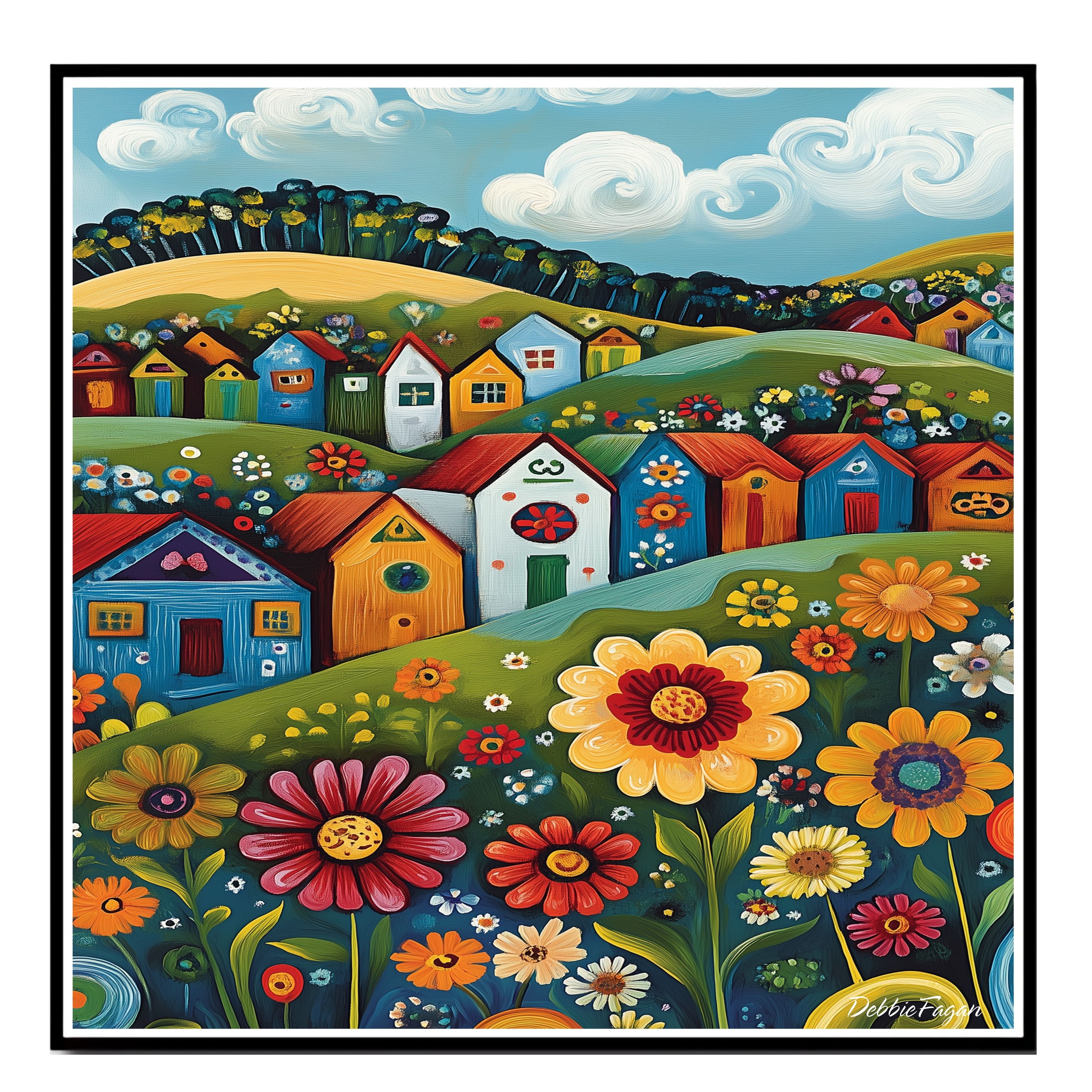 Village Houses and flowers on Green Hills Flat Rolled, Framed or Wrapped Canvas