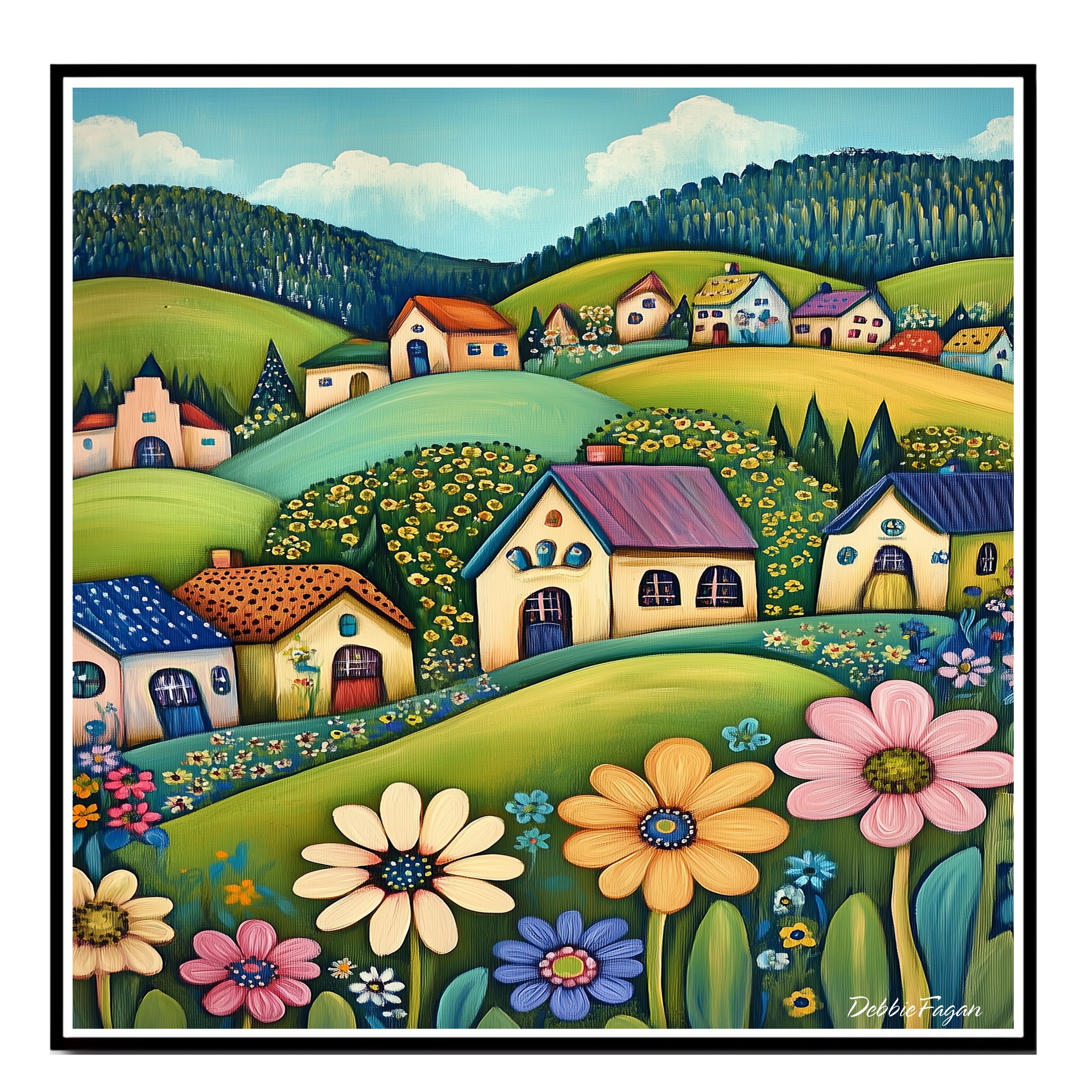 Houses and flowers on Rolling Green Hills Flat Rolled, Framed or Wrapped Canvas