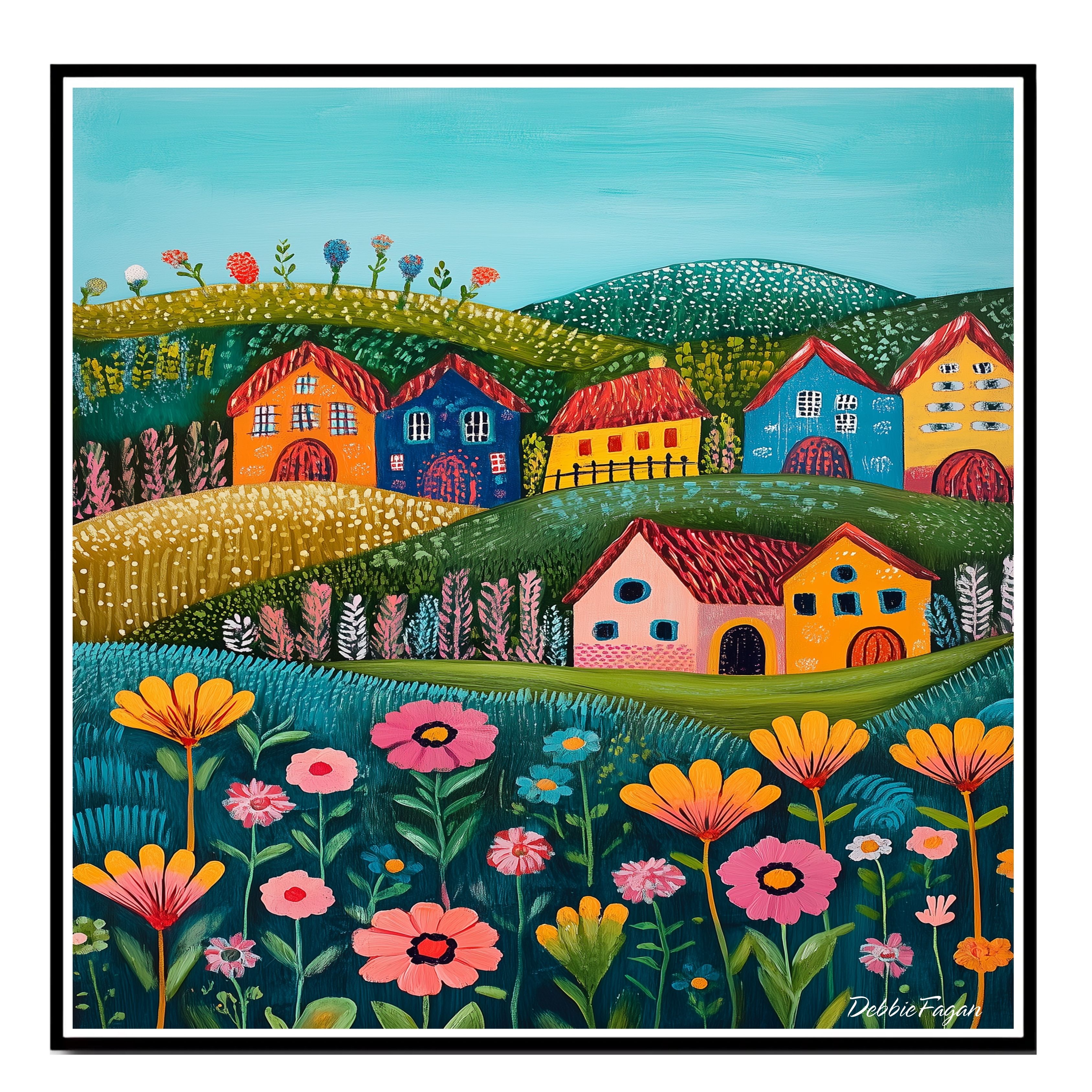 Houses and Flowers in a Cheerful Landscape Flat Rolled, Framed or Wrapped Canvas