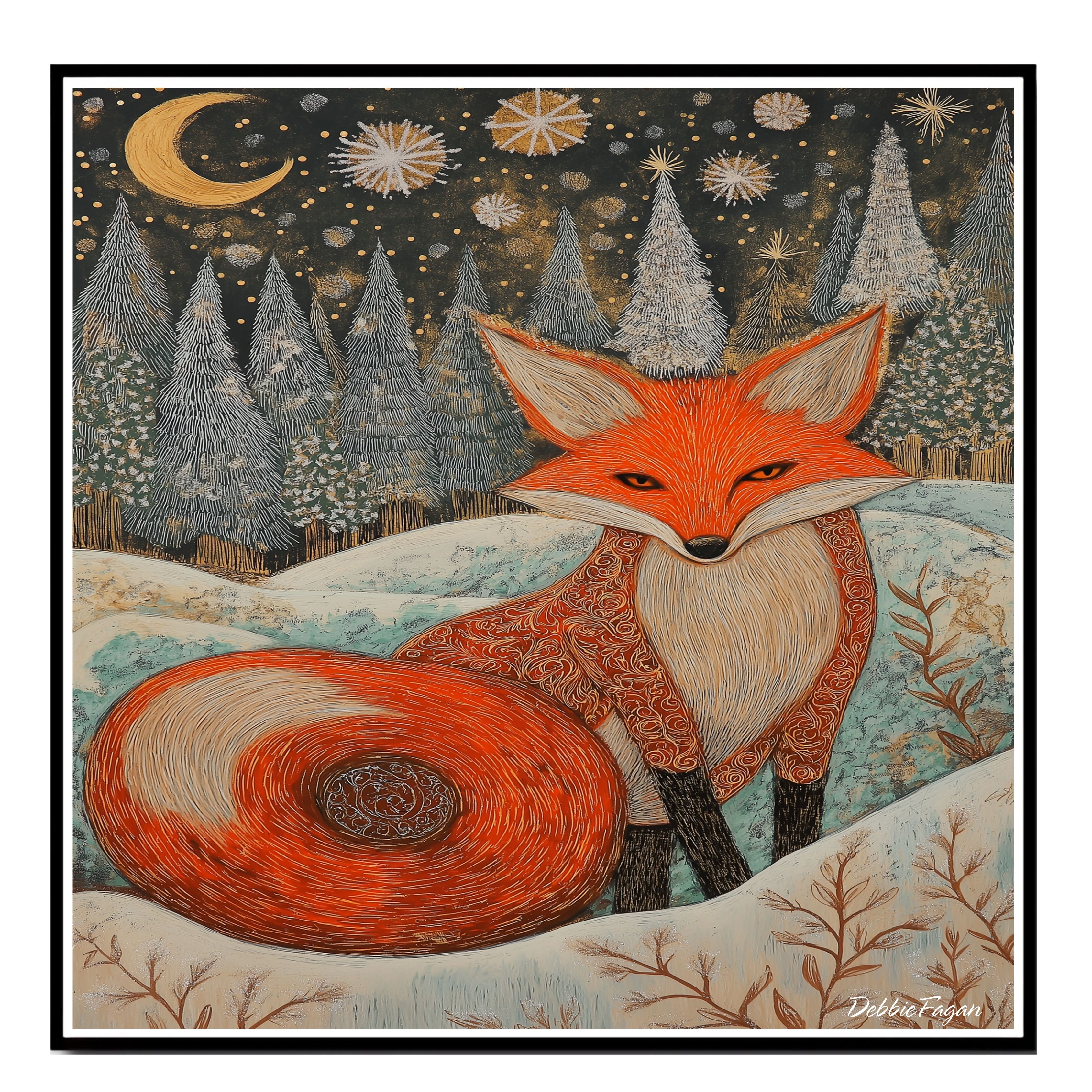 Ornate Red Fox in Snowy Forest Snowflakes Flat Rolled, Framed or Wrapped Canvas