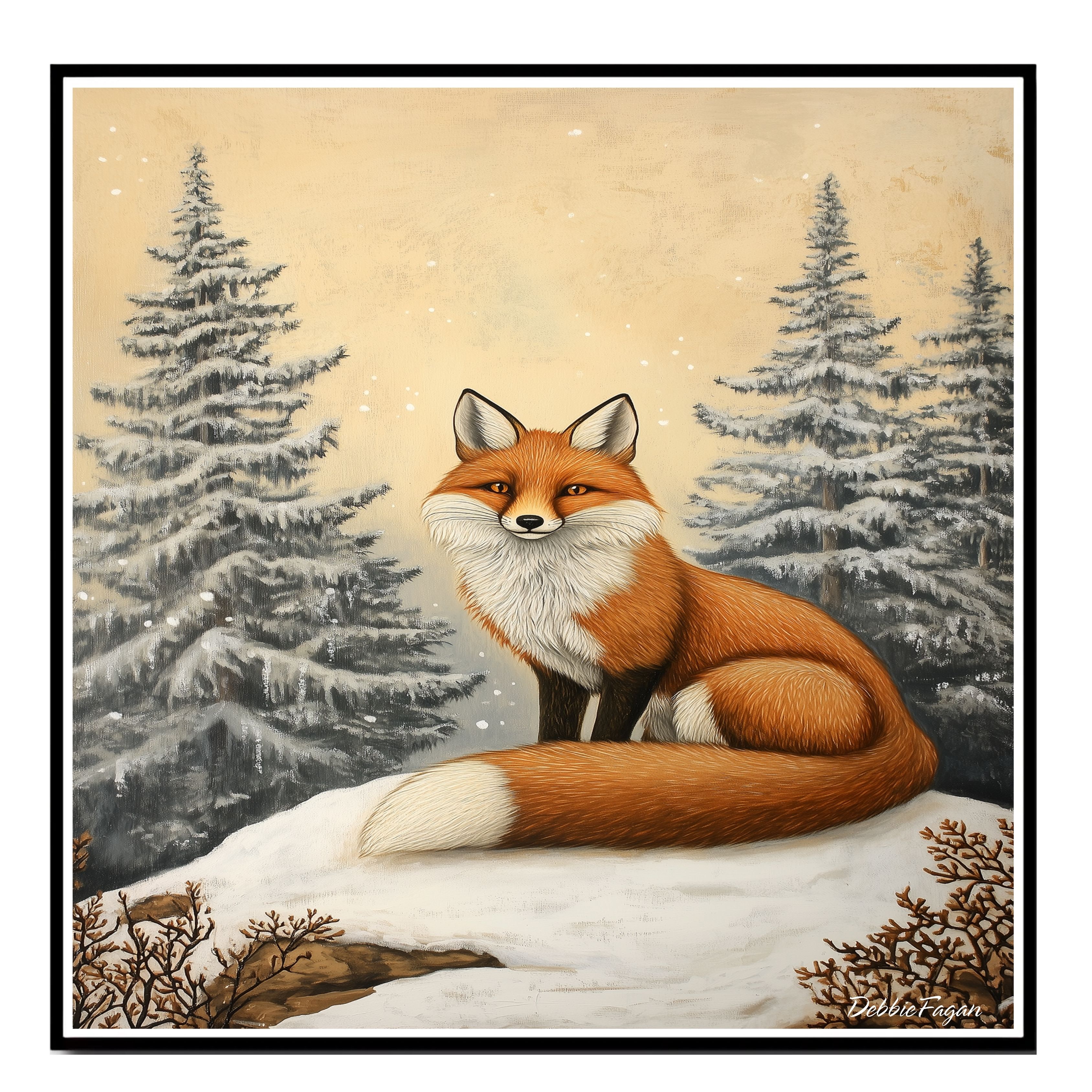 Red Fox in Snowy Forest with Pine Tree Flat Rolled, Framed or Wrapped Canvas