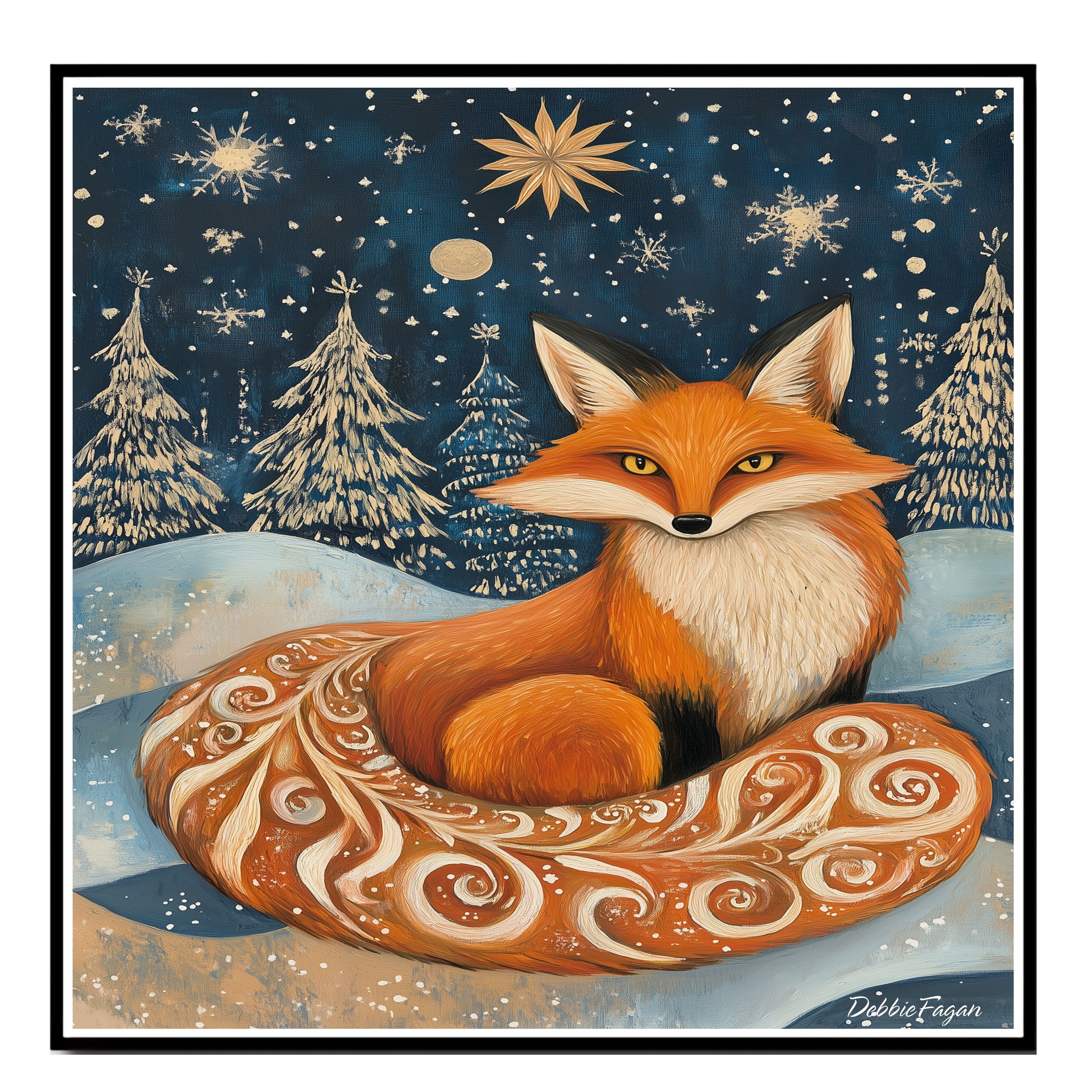 Red Fox with Patterned Tail Snowy Forest Flat Rolled, Framed or Wrapped Canvas