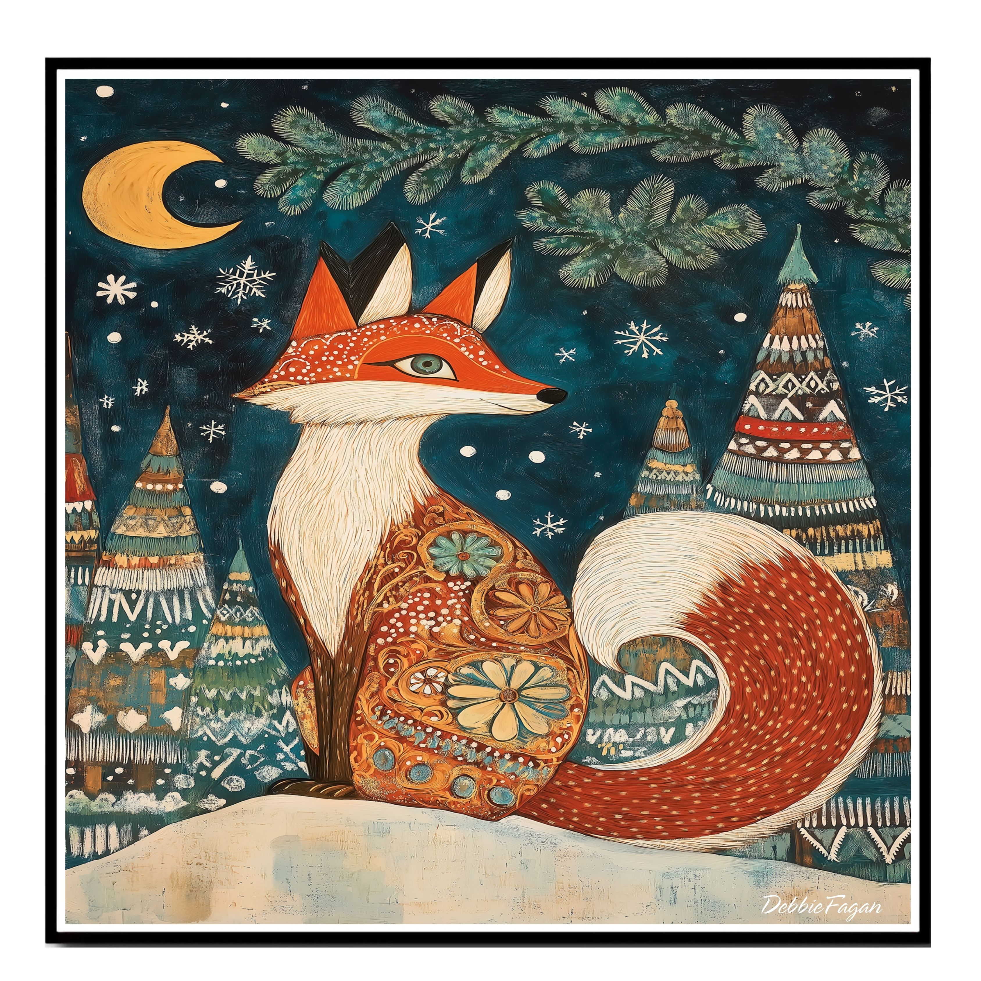 Red Fox with Snowflakes and Trees Flat Rolled, Framed or Wrapped Canvas