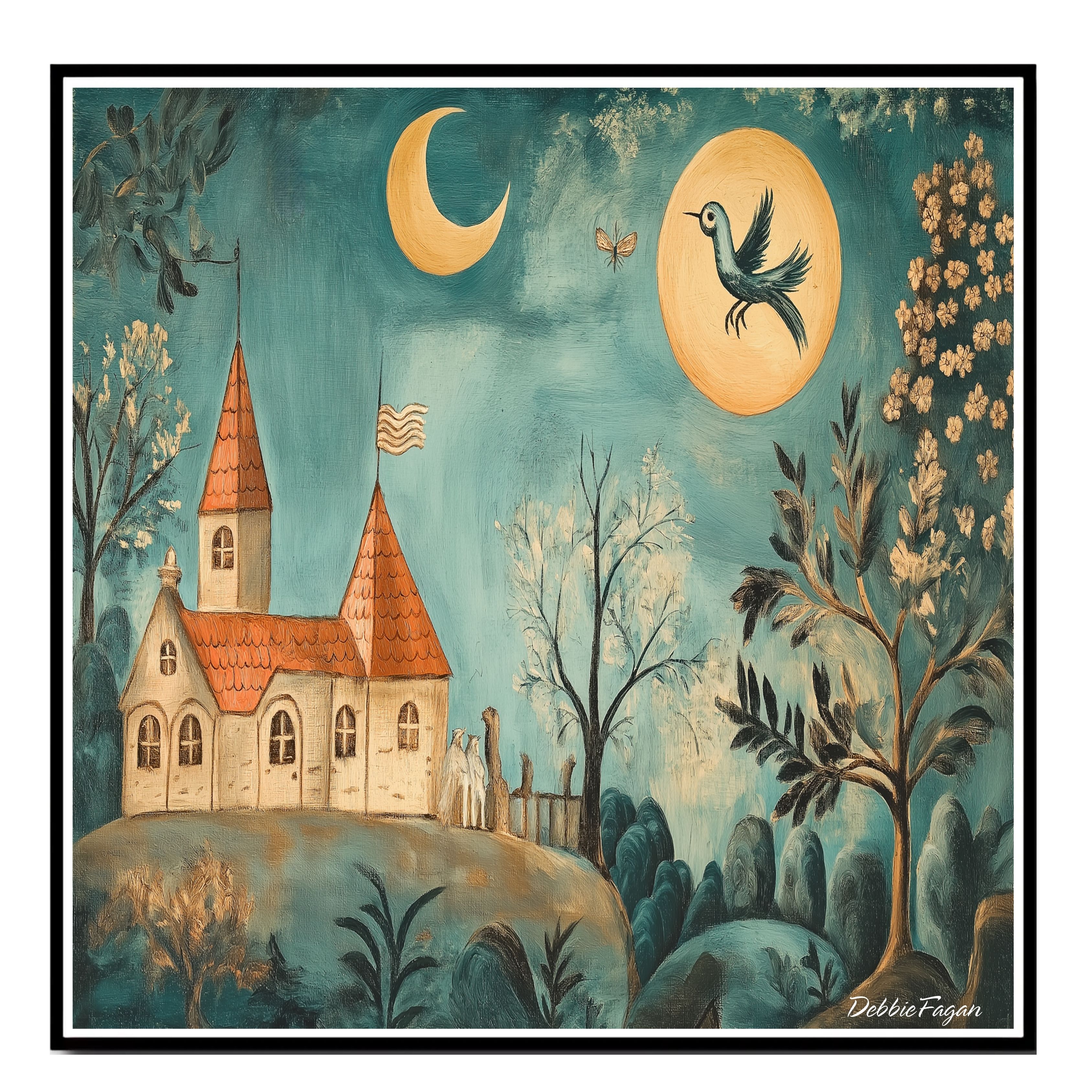 Folk Art Dreamscape Church, Trees & Bird Flat Rolled, Framed or Wrapped Canvas