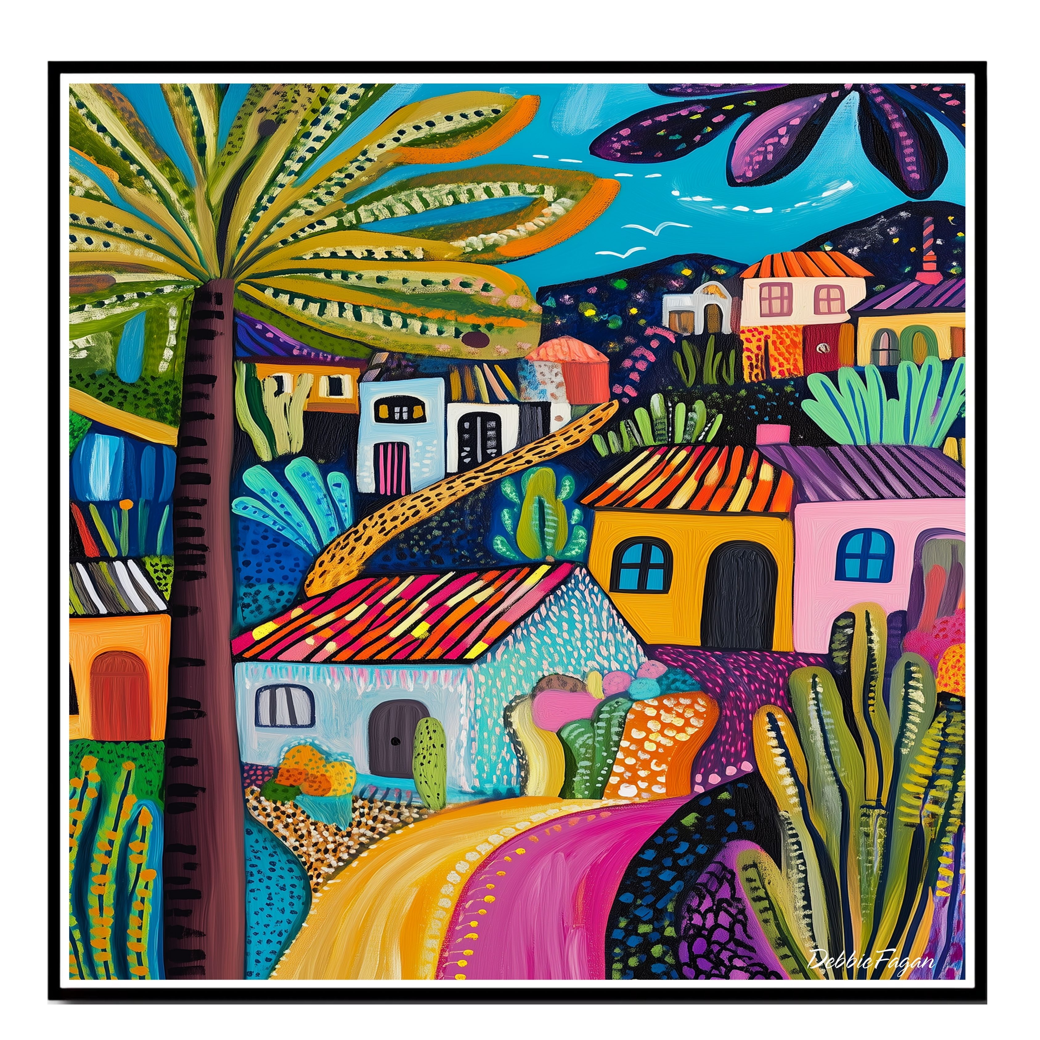 Village with Cacti and Palm Trees Flat Rolled, Framed or Wrapped Canvas