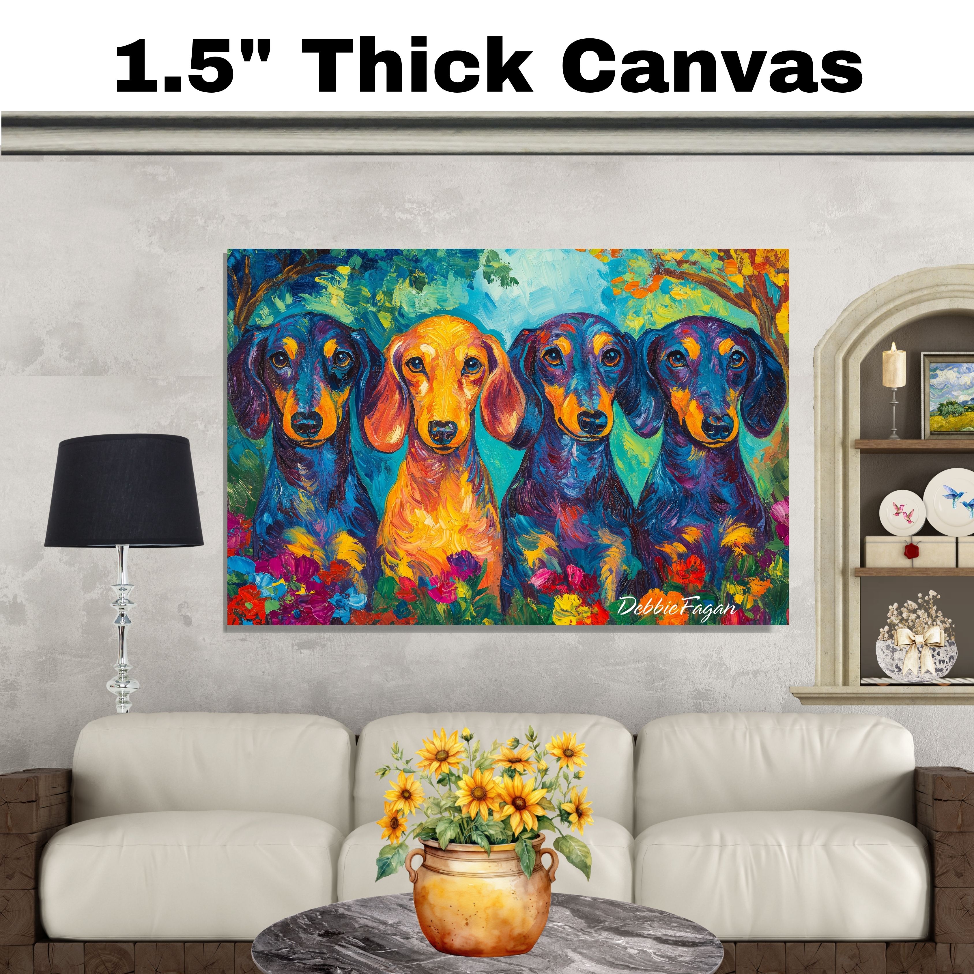 Art of Four Dachshund Dogs Floral Garden Flat Rolled, Framed or Wrapped Canvas - Picture 19 of 19