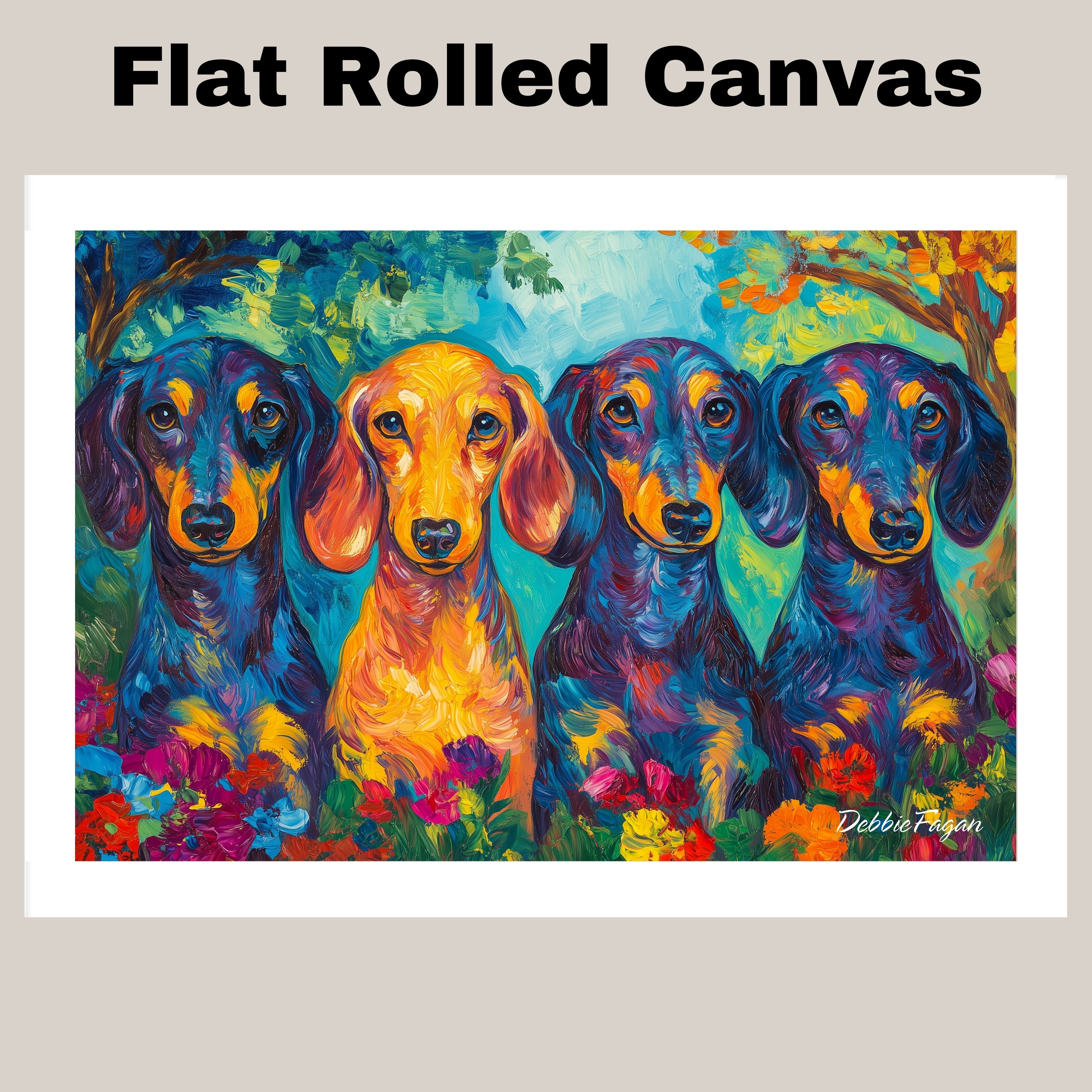 Art of Four Dachshund Dogs Floral Garden Flat Rolled, Framed or Wrapped Canvas - Picture 18 of 19