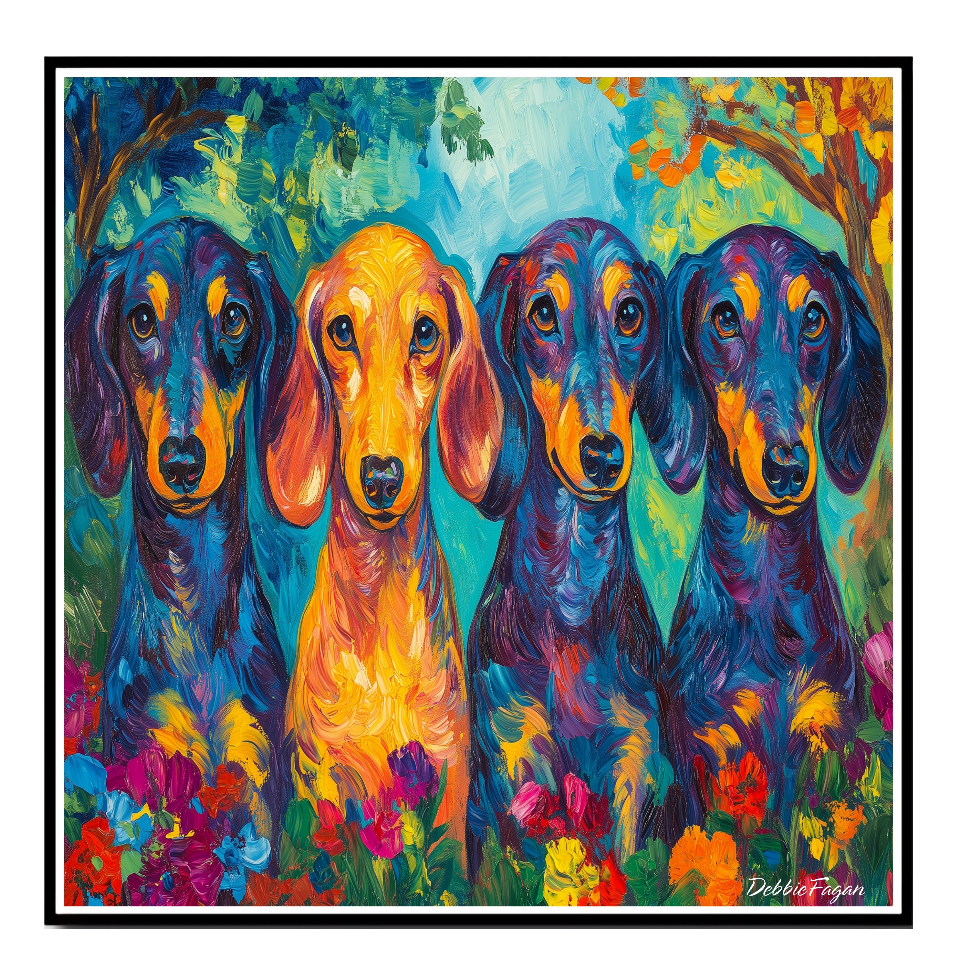 Art of Four Dachshund Dogs Floral Garden Flat Rolled, Framed or Wrapped Canvas - Picture 15 of 19