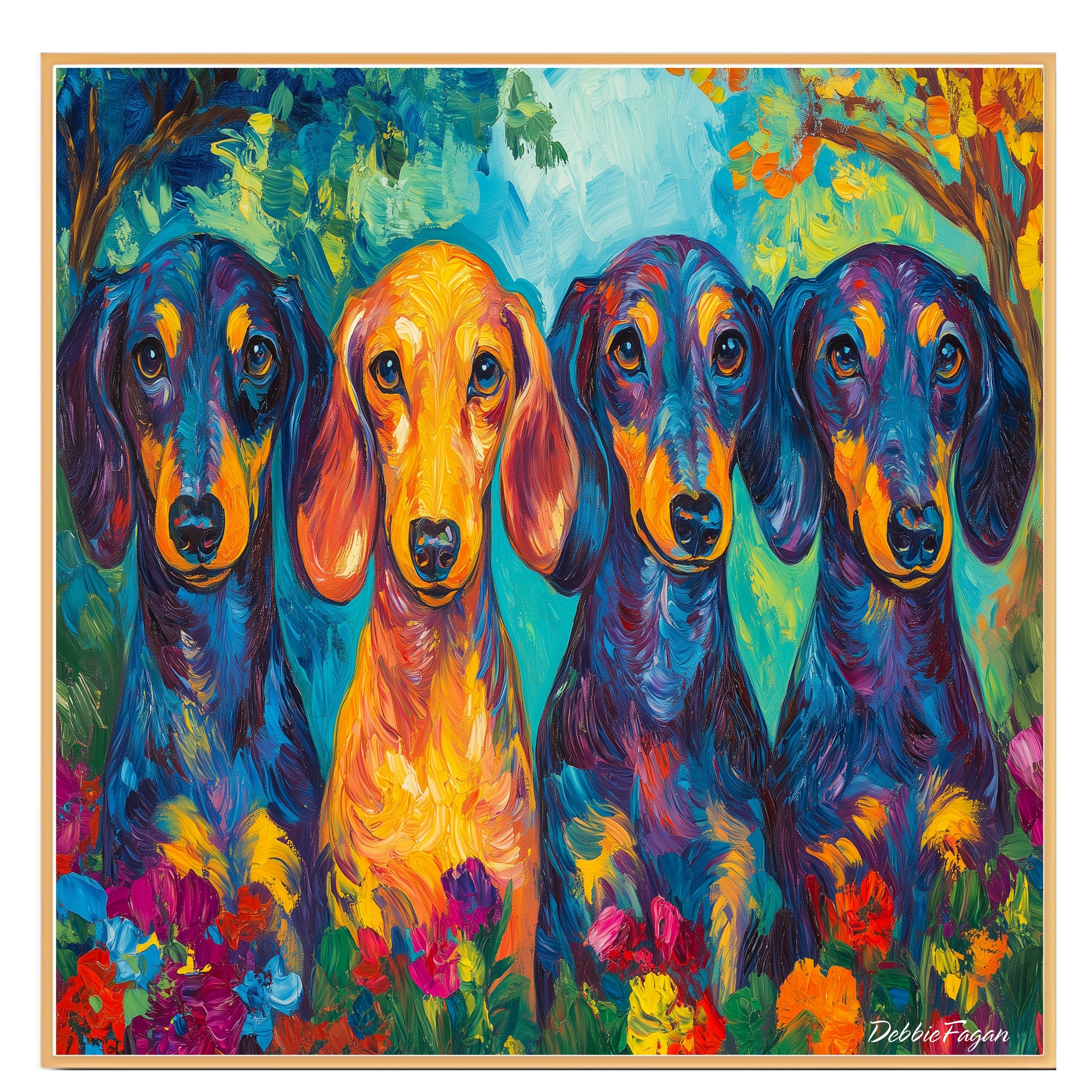 Art of Four Dachshund Dogs Floral Garden Flat Rolled, Framed or Wrapped Canvas - Picture 17 of 19
