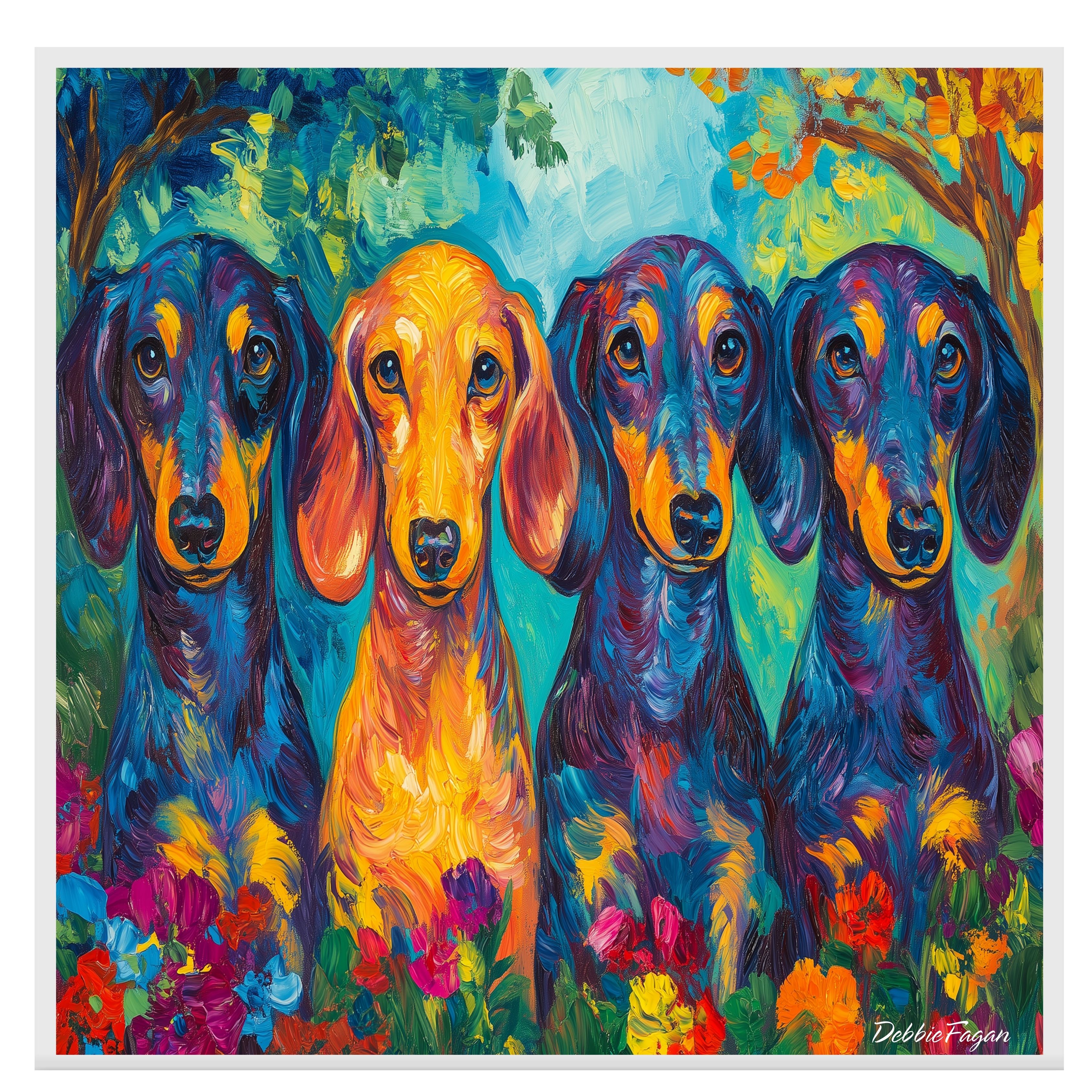 Art of Four Dachshund Dogs Floral Garden Flat Rolled, Framed or Wrapped Canvas - Picture 16 of 19