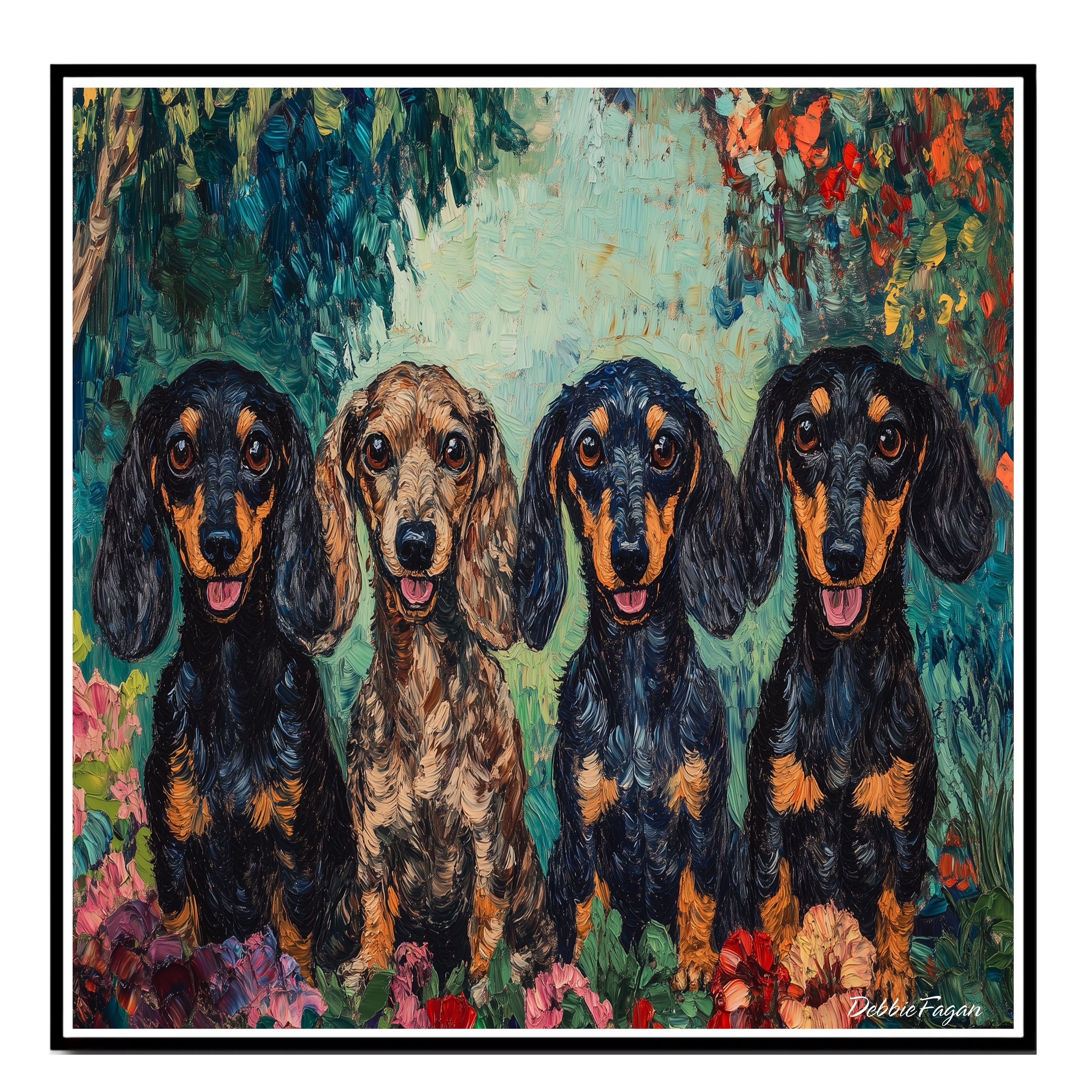 Four Dachshund Dogs in a Floral Garden Flat Rolled, Framed or Wrapped Canvas