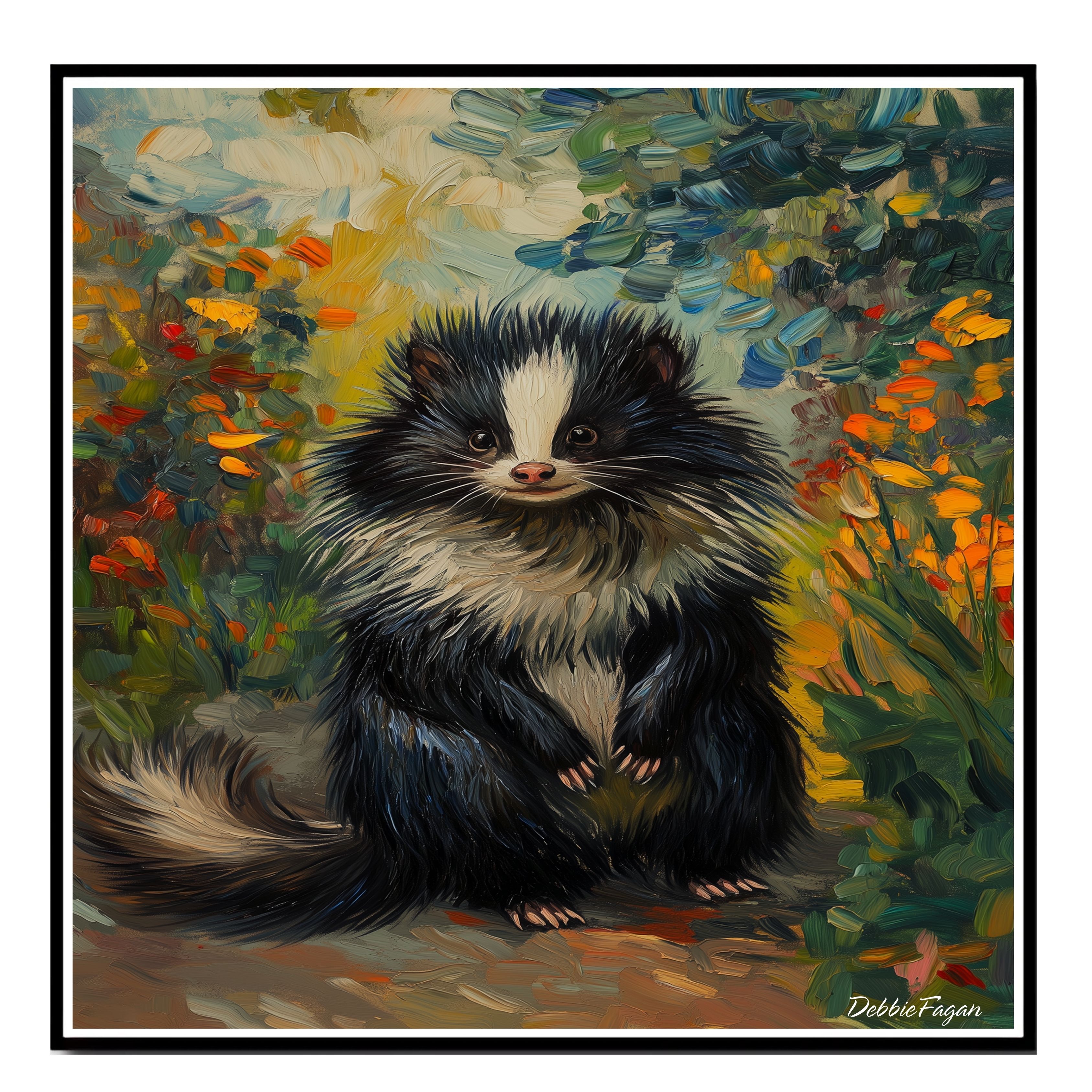 Fluffy Skunk Animal with Floral Background Flat Rolled, Framed or Wrapped Canvas
