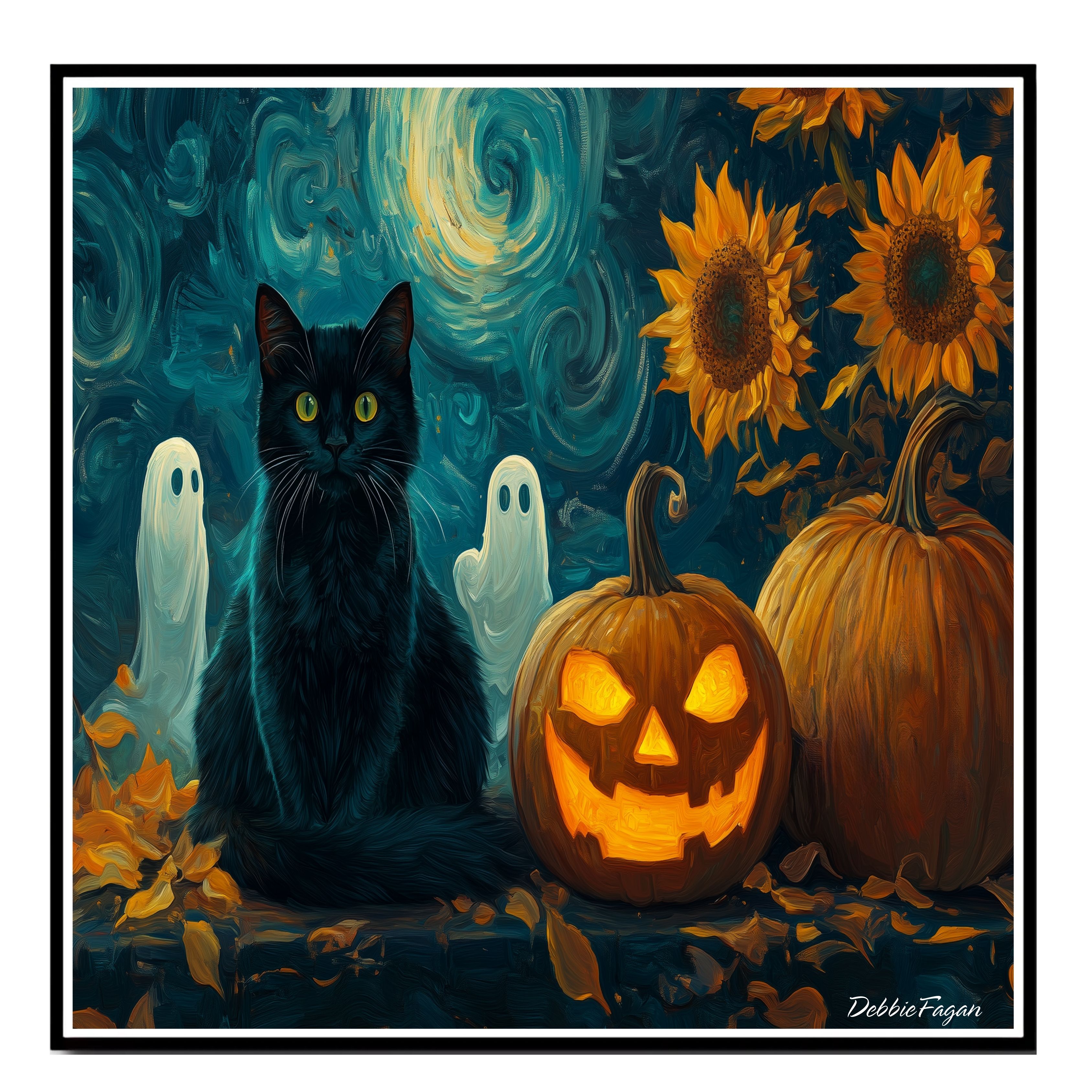 Halloween Night Art Black Cat Pumpkins Flat Rolled, Framed or Wrapped Canvas