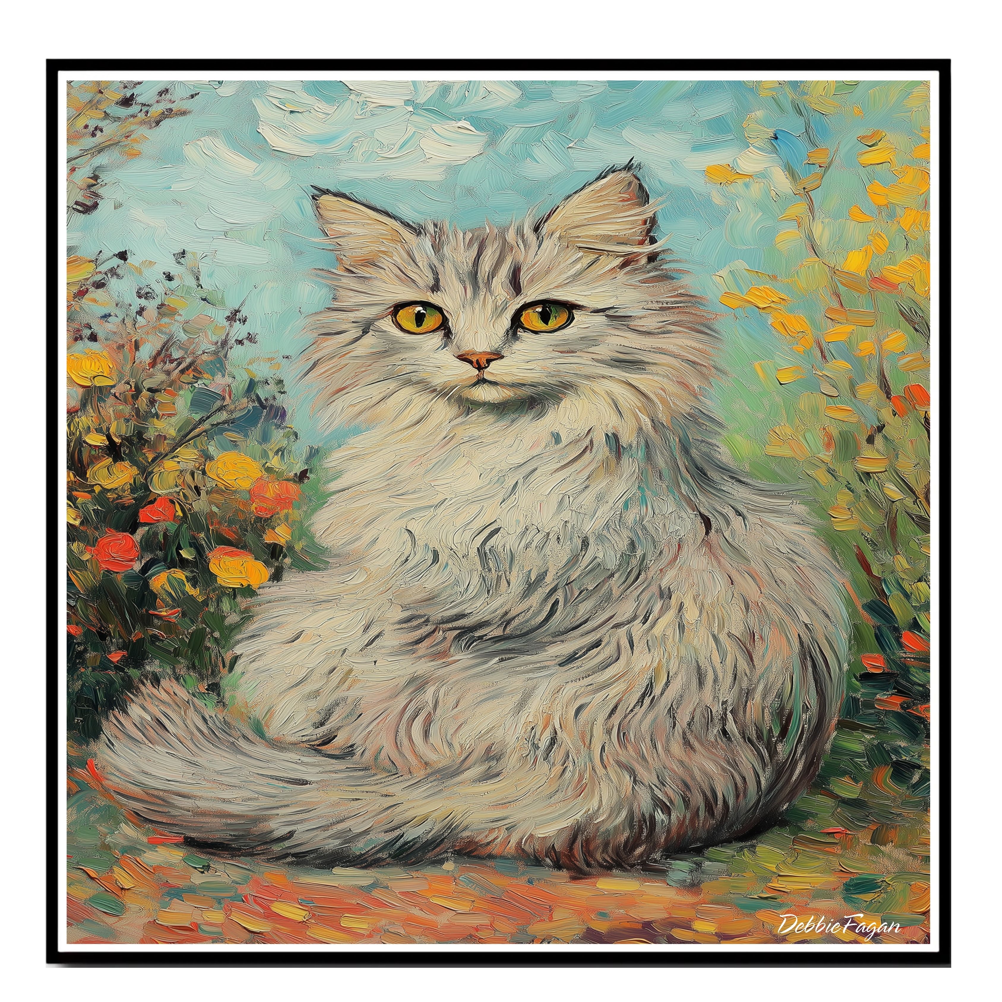 Fluffy Cat Canvas Art in a Blooming Garden Flat Rolled, Framed or Wrapped Canvas