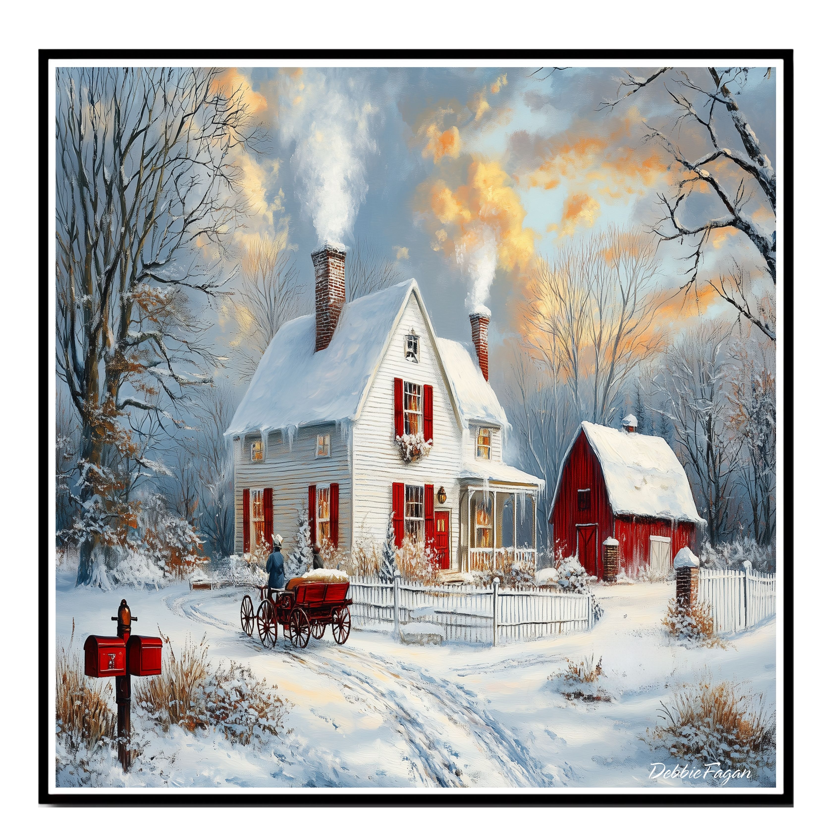 Snowy White House with Red Barn, Horse Flat Rolled, Framed or Wrapped Canvas