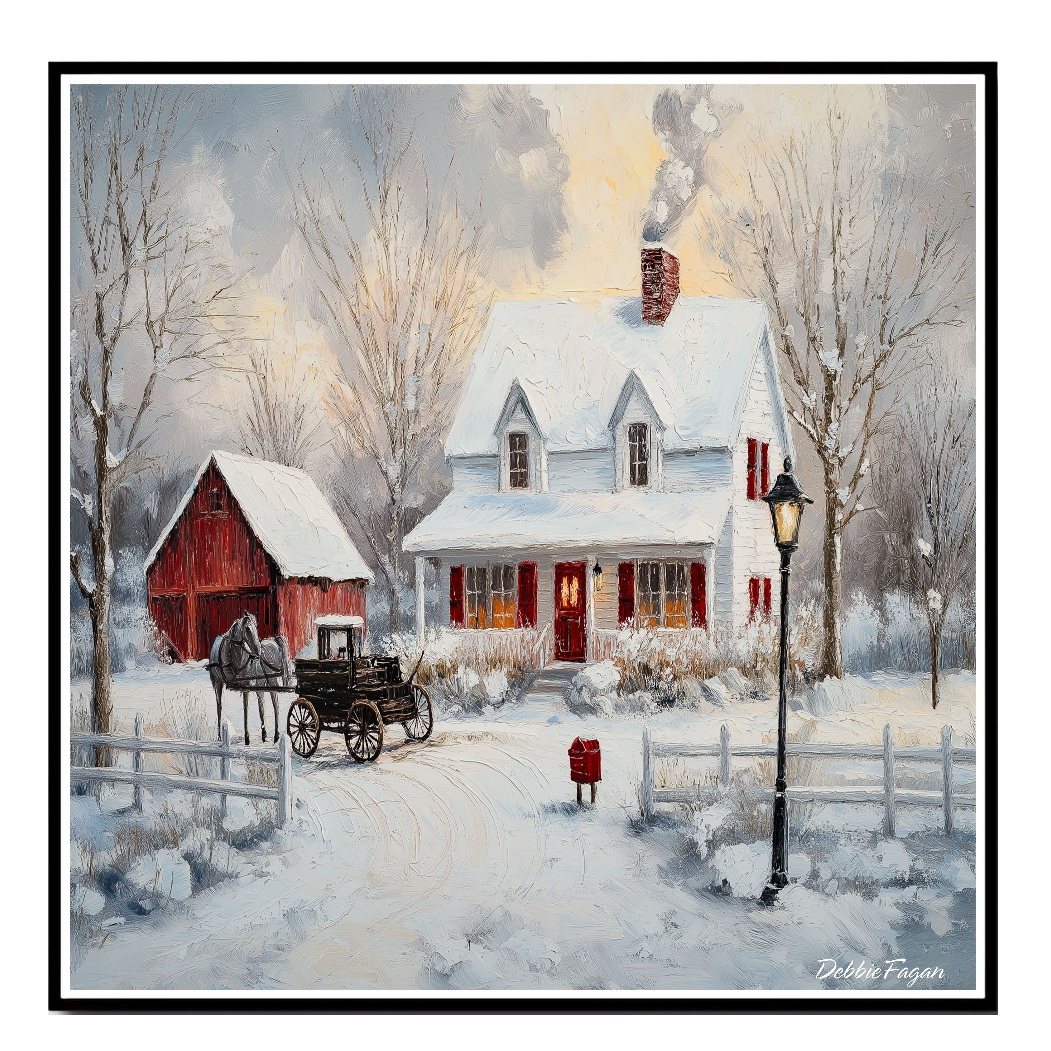 Snowy White Farmhouse, Red Barn, Horse Flat Rolled, Framed or Wrapped Canvas