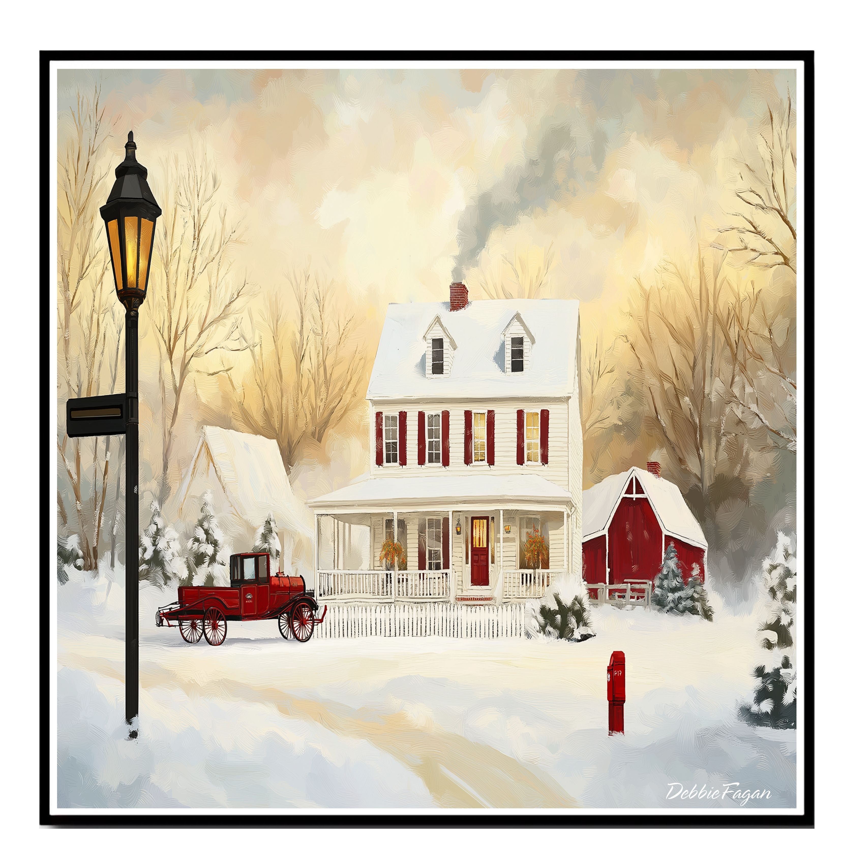 White Farmhouse with Red Truck, Barn Flat Rolled, Framed or Wrapped Canvas