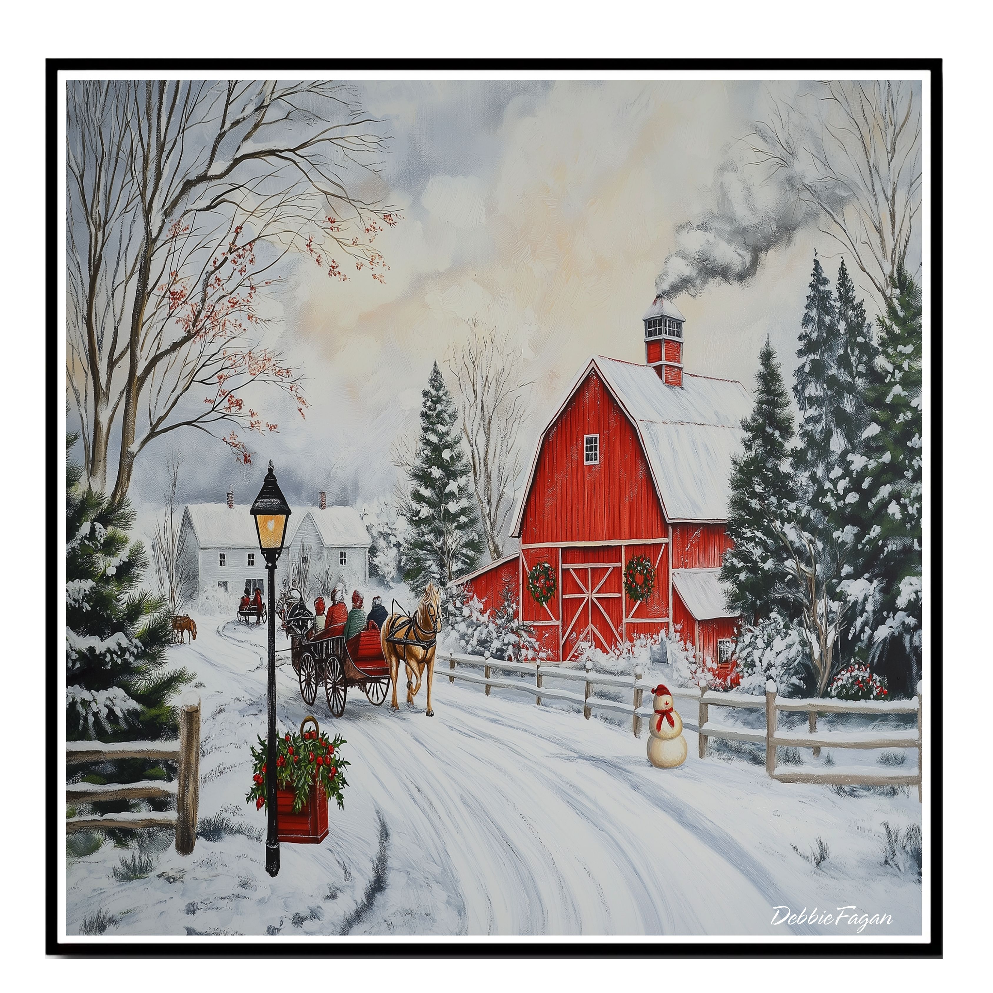Red Barn, Horse Sleigh, Houses and Snowman Flat Rolled, Framed or Wrapped Canvas
