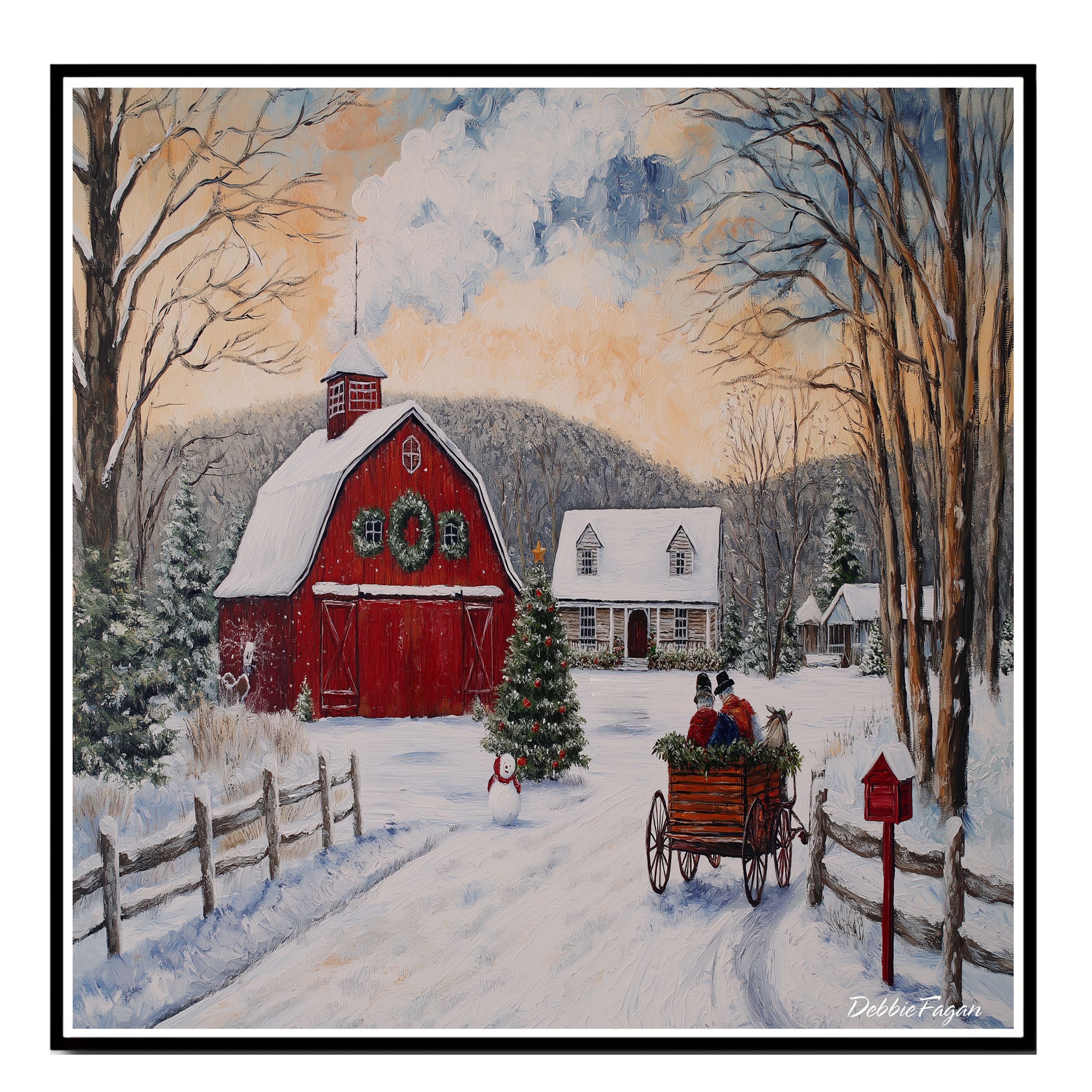 Winter with Horse Sleigh, Christmas Tree Flat Rolled, Framed or Wrapped Canvas
