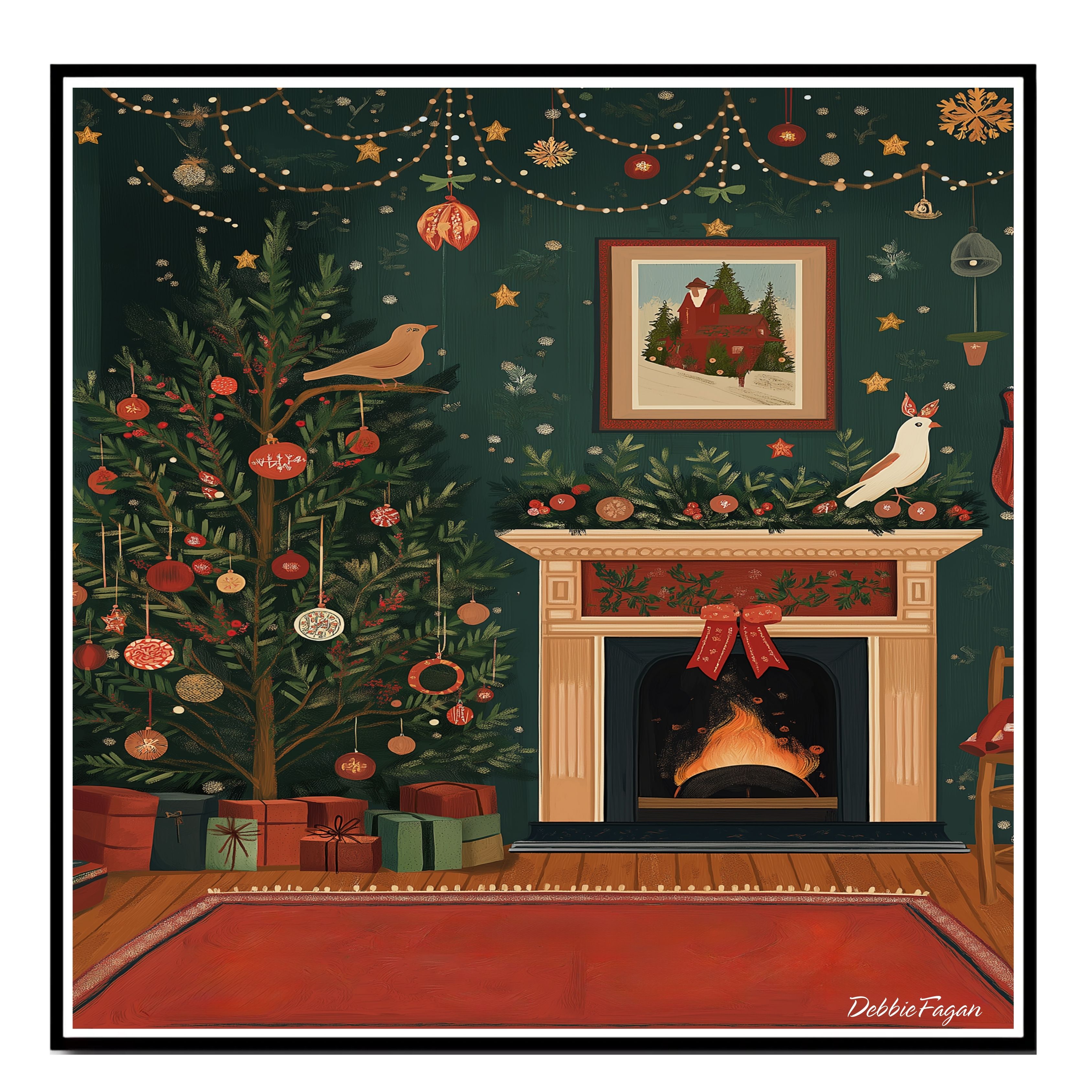 Christmas Folk Art Fireplace, Birds Flat Rolled, Framed or Wrapped Canvas