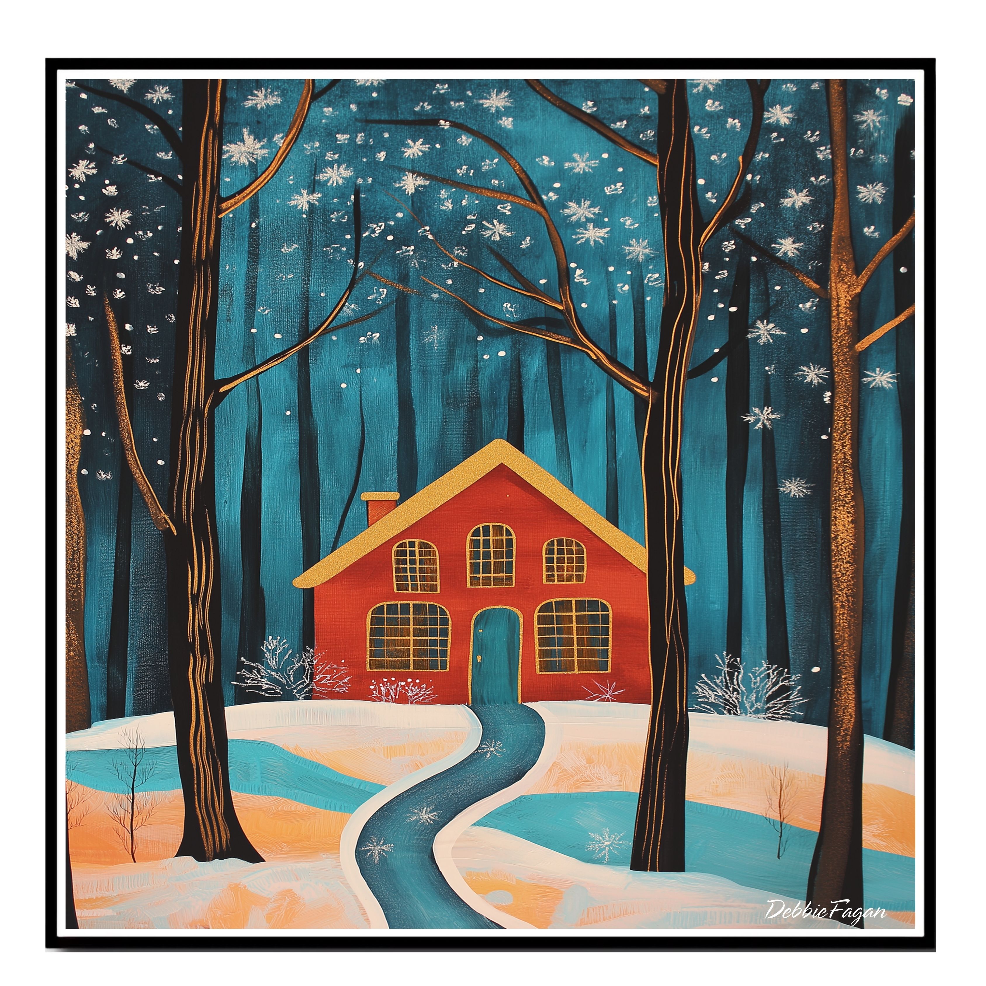 Red House in Snowy Forest Snowflakes Flat Rolled, Framed or Wrapped Canvas